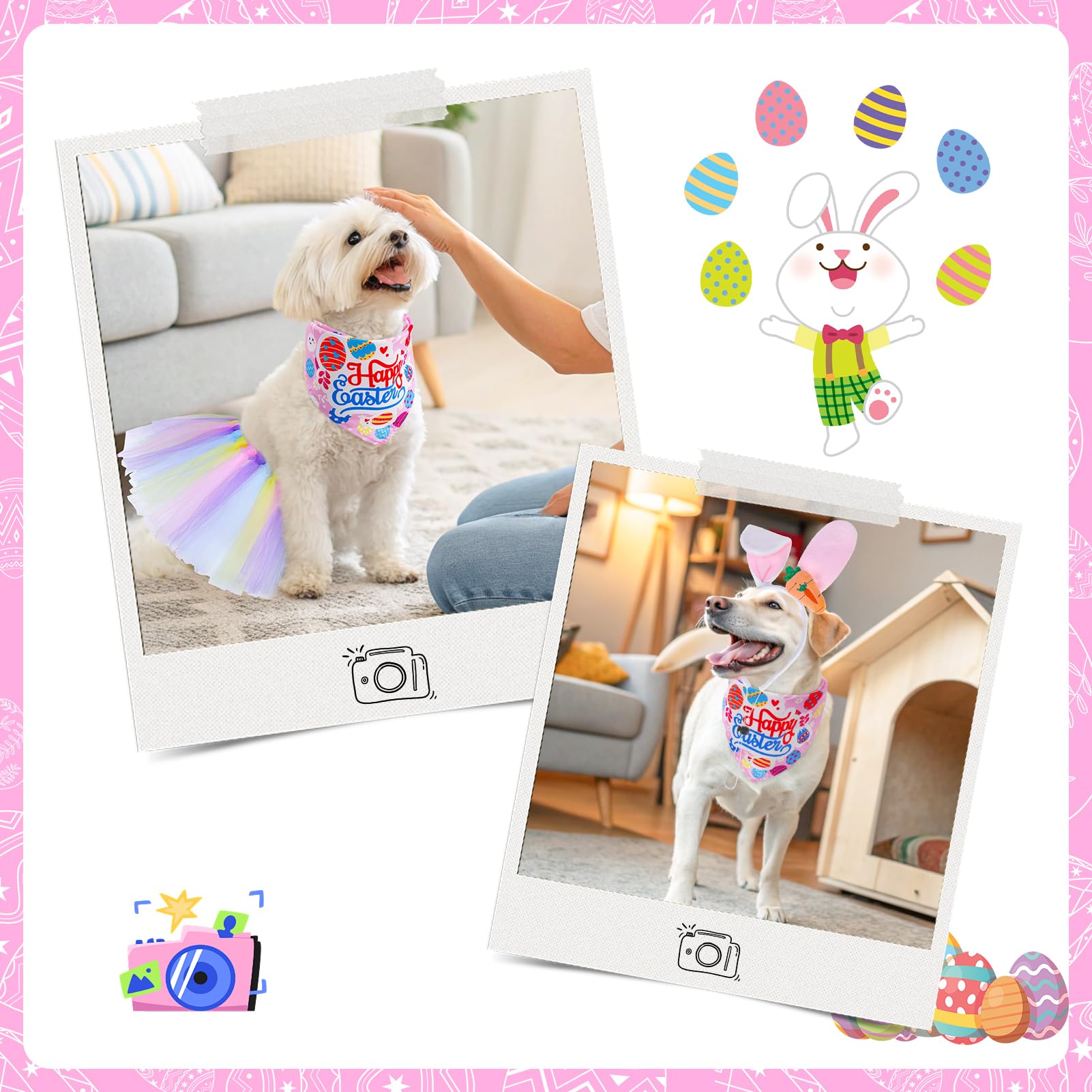 Scenereal Easter Dog Bandana Outfit With Cute Bunny Ears Headband And Tutu Dress, Puppy Holiday Costume Accessory, Pink Eggs Rab