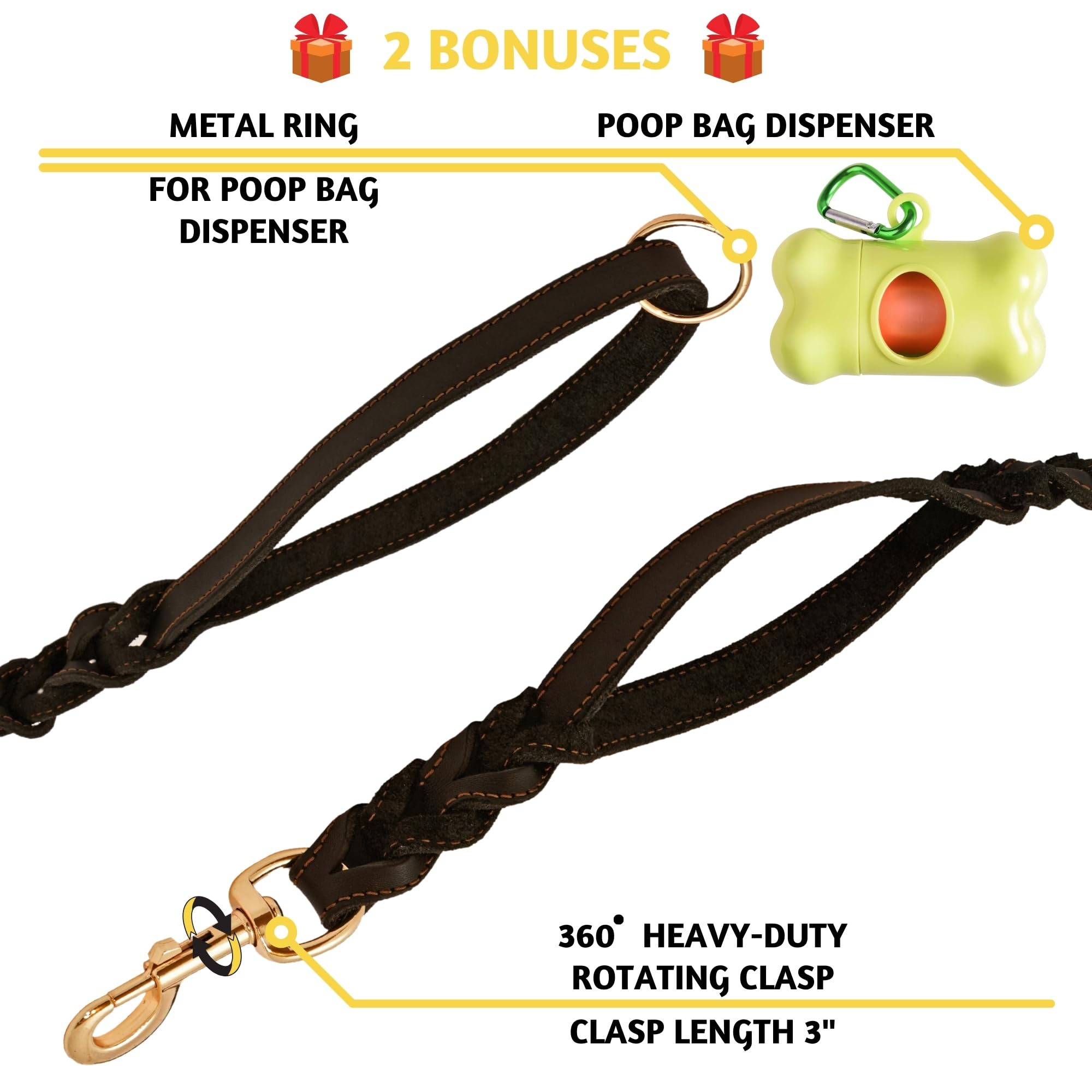 Adityna Double Handle Leather Dog Leash 6Ft - Heavy Duty Braided Leash With Traffic Handle - Lead For Training And Walking Mediu