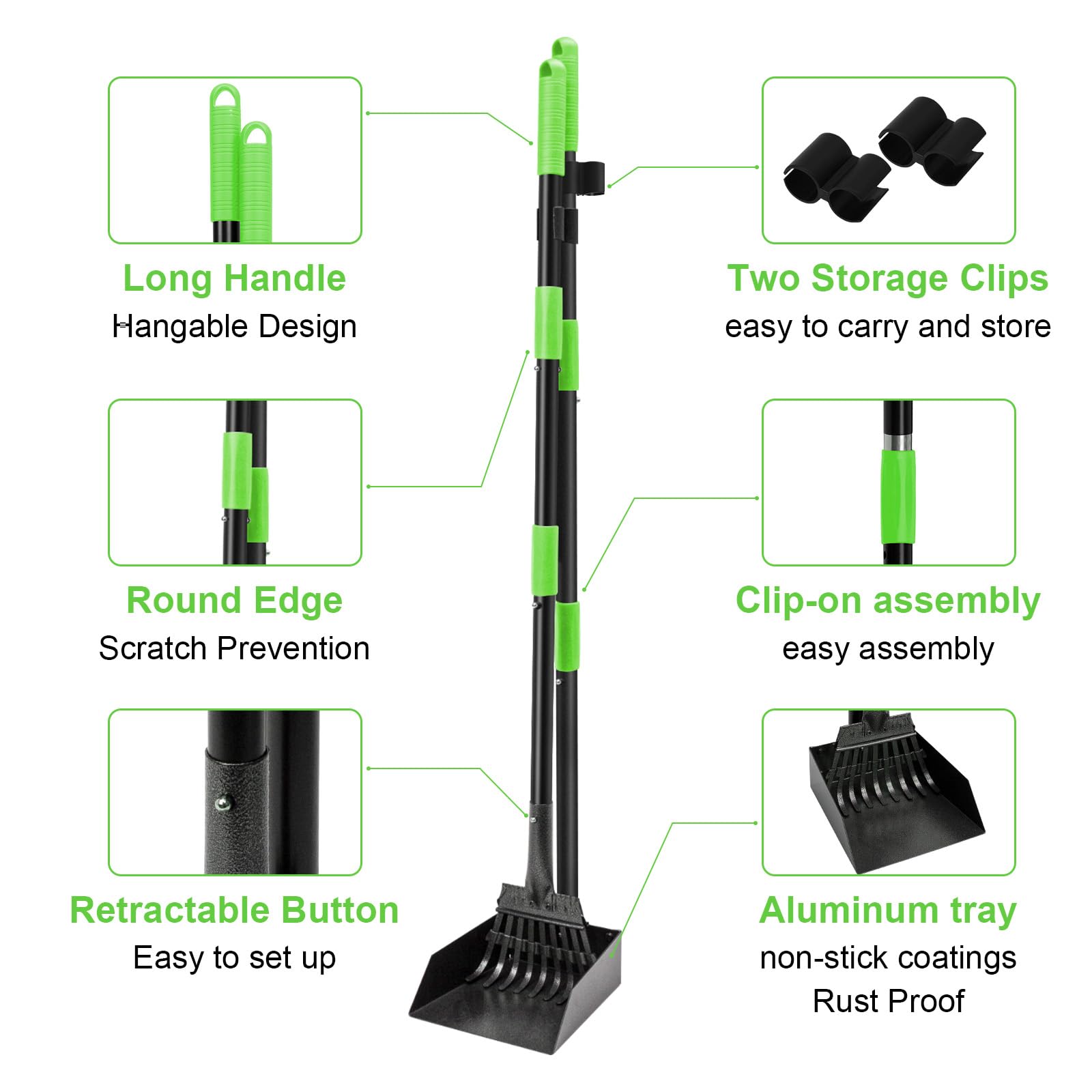 Twocorn Non-Breakable Pooper Scooper, Dog Pooper Scooper Tray & Rake Set With Adjustable Stainless Steel Long Handle For Large M