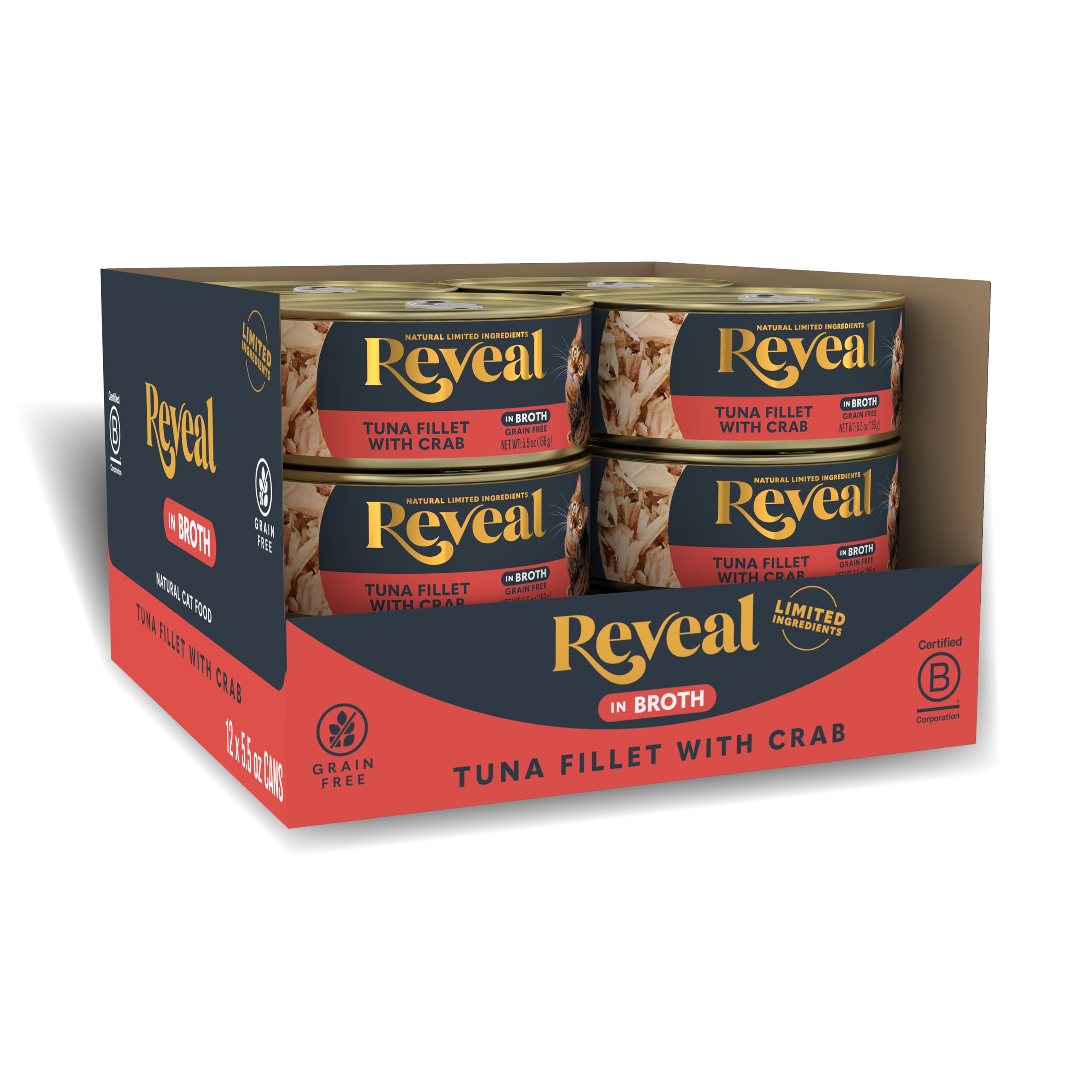 Reveal Natural Wet Cat Food, 12 Count, Grain Free, Limited Ingredient Canned Food for Cats, Tuna Fillet with Crab in Broth, 5.5 