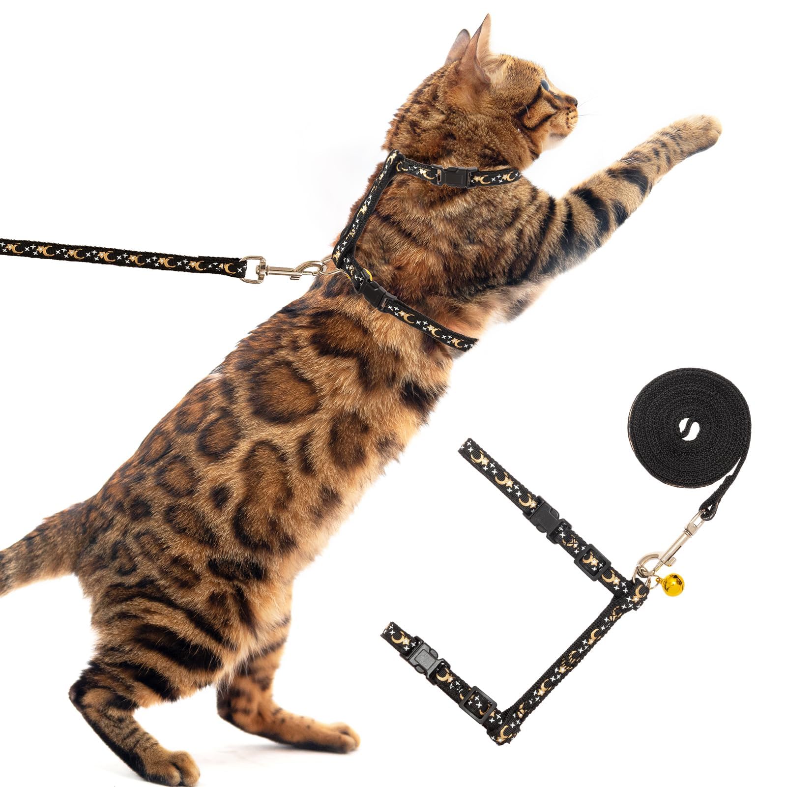 Pupteck Adjustable Cat Harness And Leash Set Escape Proof Kitten Strap Collar For Walking Travel, Moon&Star