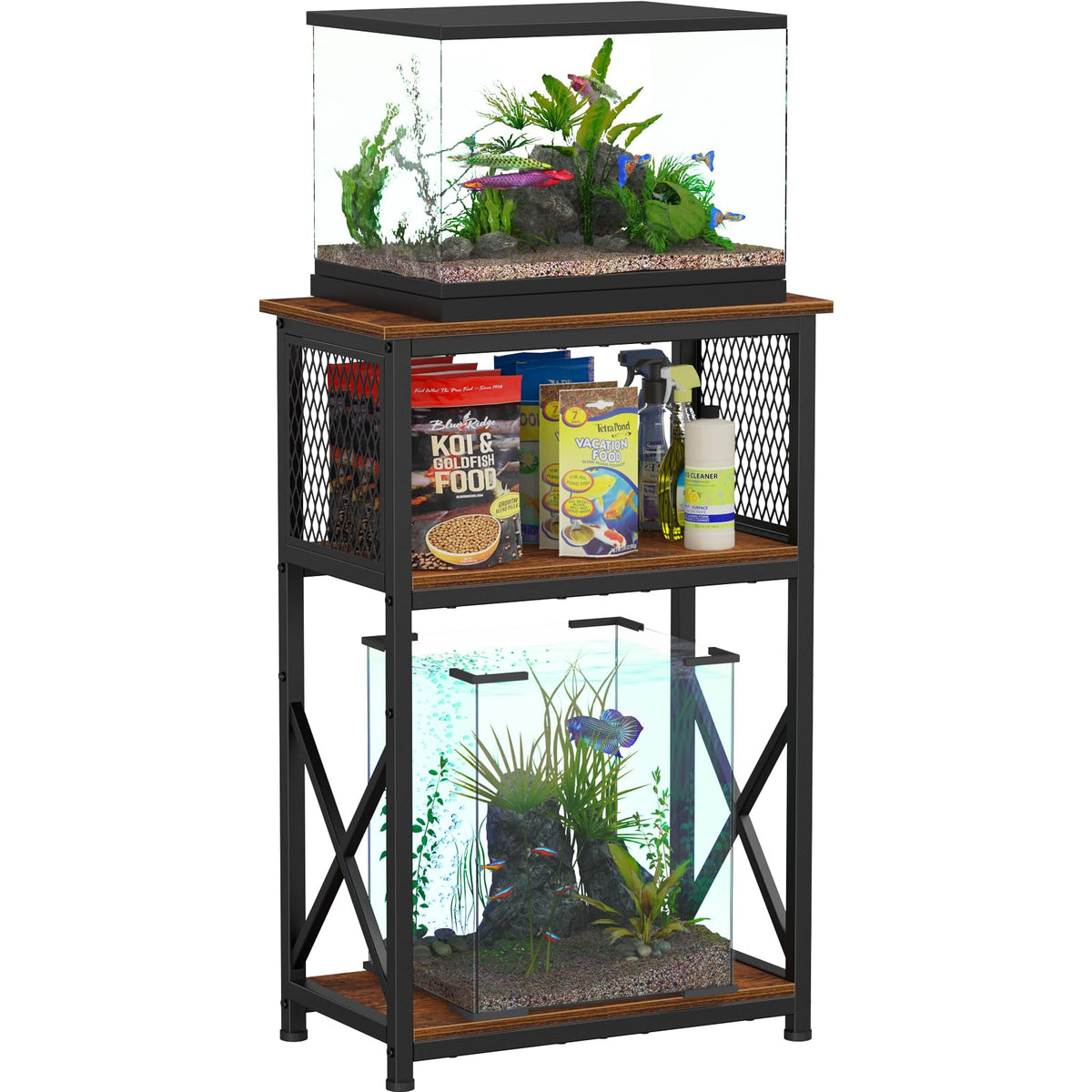 Snughome 10 Gallon Aquarium Stand With Storage, 3 Tier Heavy Metal Fish Tank Stand Shelf 20.47'' X 11.42'' X 30.91'', Rustic Bro