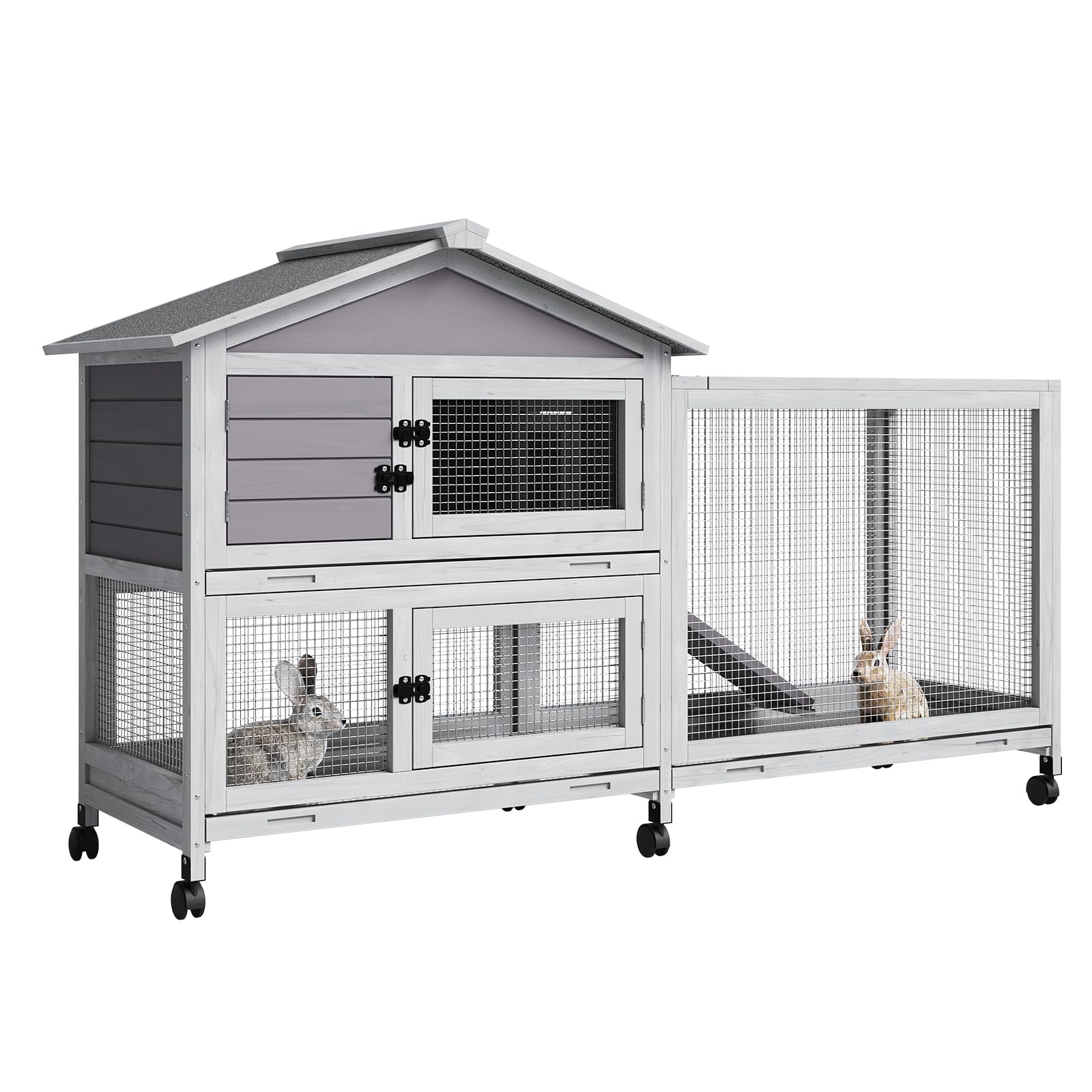 GarveeLife Rabbit Hutch with Weatherproof Asphalt Roof, Bunny Hutch with Wheels & Pull-Out Tray, Rabbit Cage Guinea Pig Cages fo