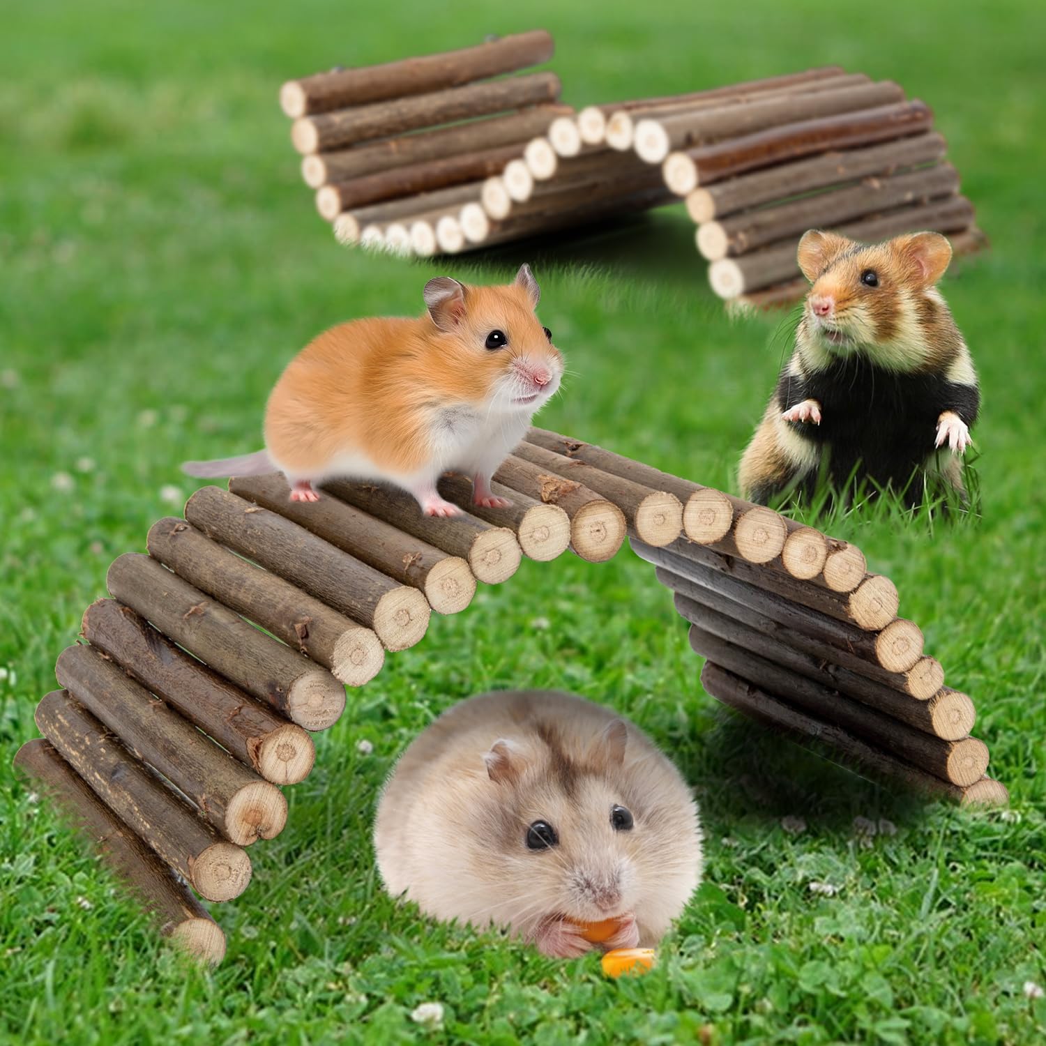 Sofier Hamster Toys 2 Pack Hamster Bridges Natural Wooden Hideout Tunnel Ladder Hamster Cage Accessories Chew Toys for Guinea Pi