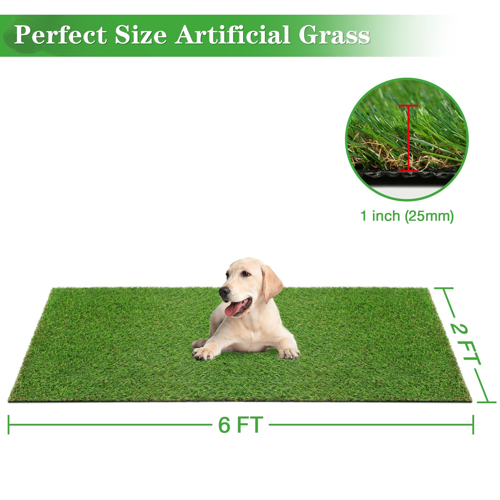 Globreen 2X6 Ft Artificial Turf Grass Runner Rug For Dogs, Thick Realistic Fake Grass For Patio, Balcony, Indoor Outdoor Puppy P