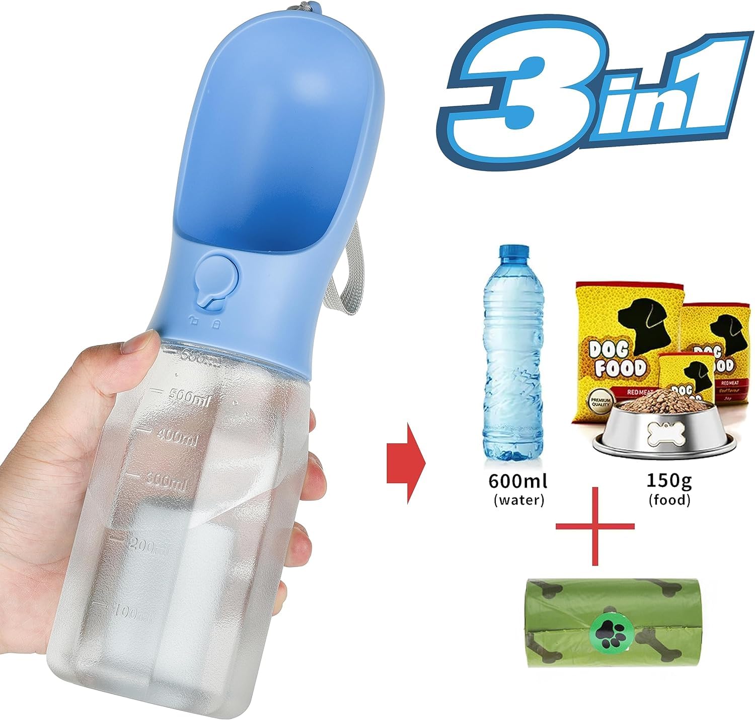 AVELORA Dog Water Bottle with Food Container, Portable Pet Dog Water Dispenser for Outdoor Walking,Hiking,Travel,Puppy Essential