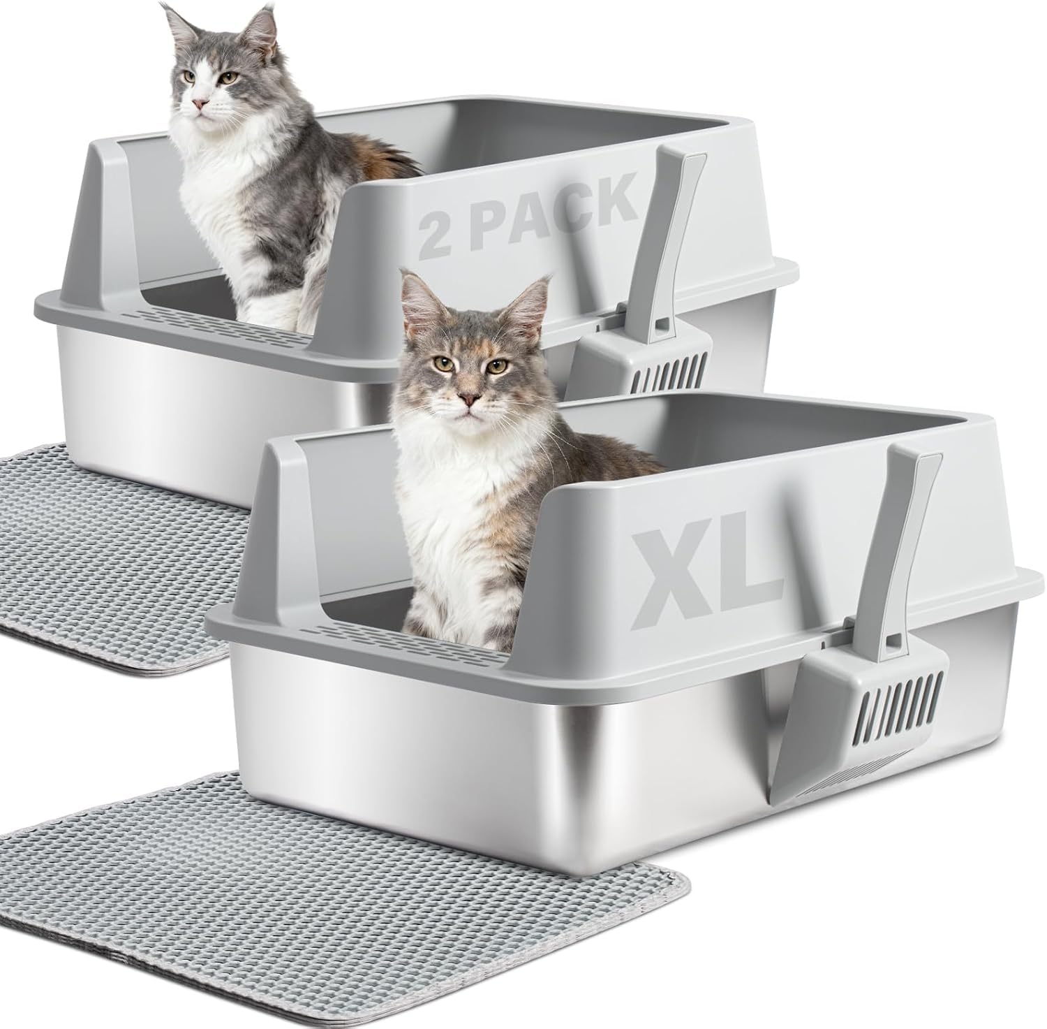 2PACK Stainless Steel Cat Litter Box with Lid, XL Metal Litter Box, Extra Large Litterbox for Big Cats, High Sided | Easy Cleani