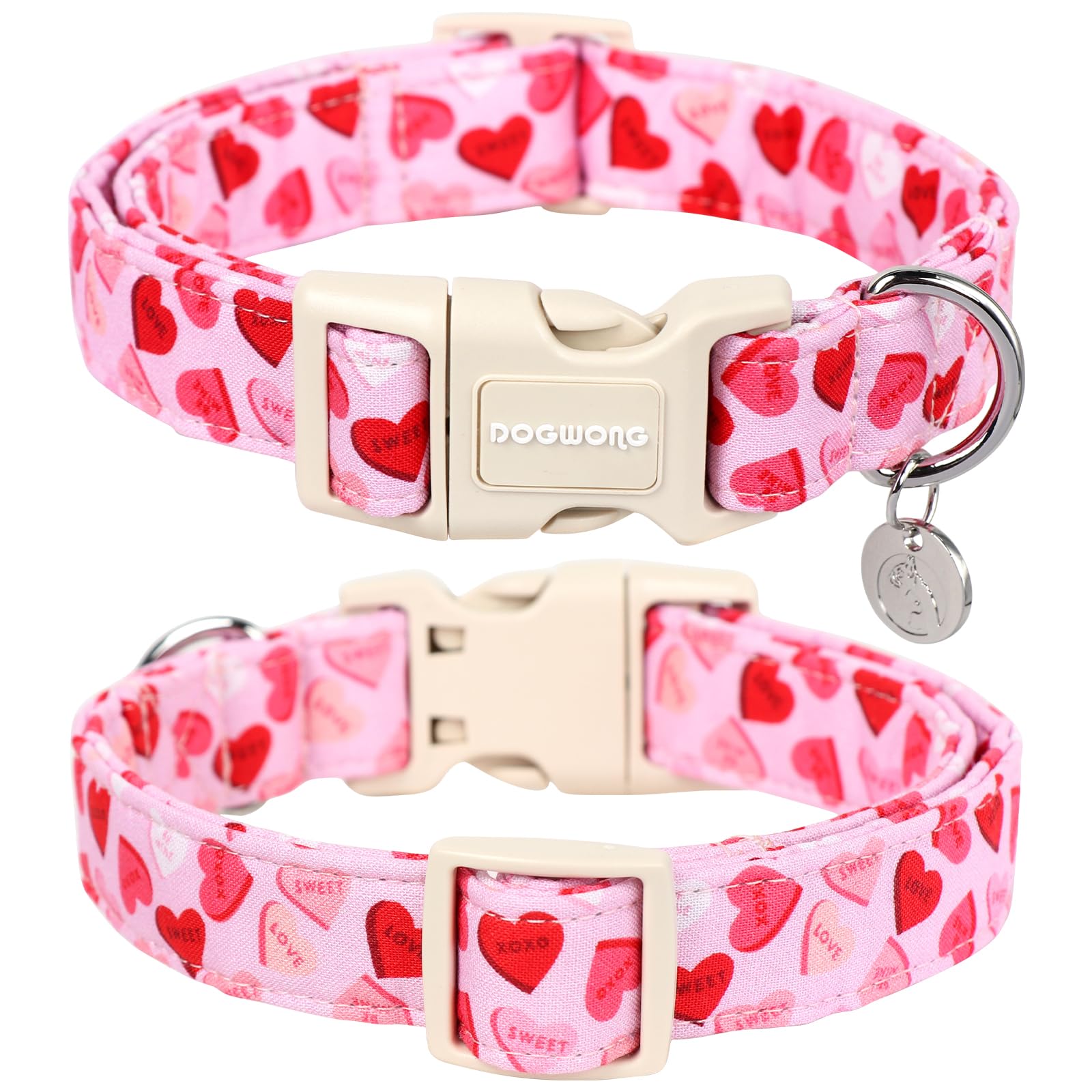 Dogwong Valentine'S Dog Collar - Pink Heart Adjustable Cotton Heart Dog Collar - Perfect For Small, Medium, Large Dogs