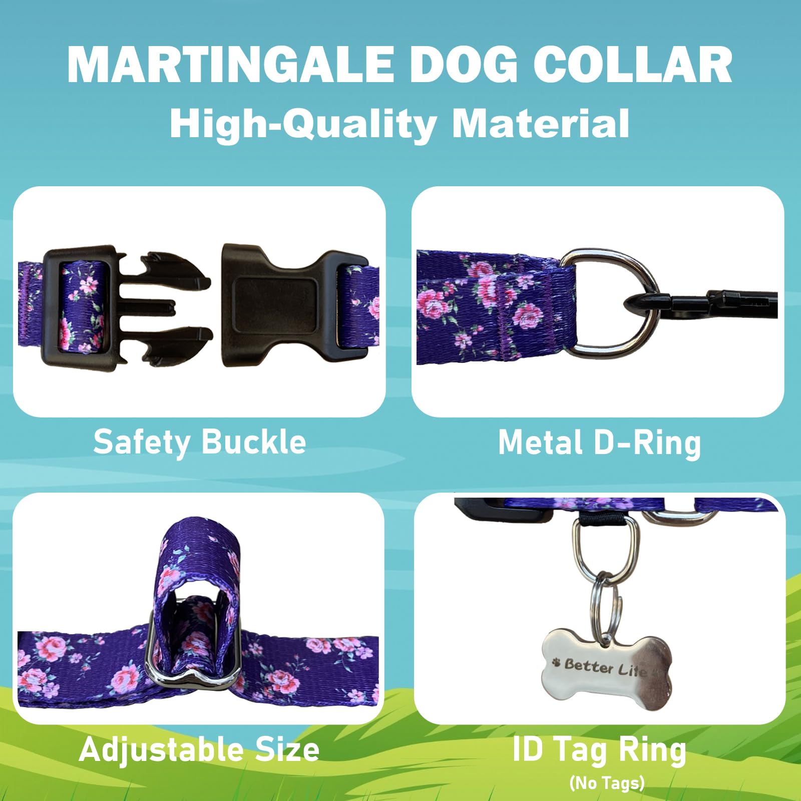 Fidohug Martingale Collar For Dogs With Buckle Purple Floral Girl Female Soft Nylon Dog Collars For Extra Large Dogs (Purple Flo