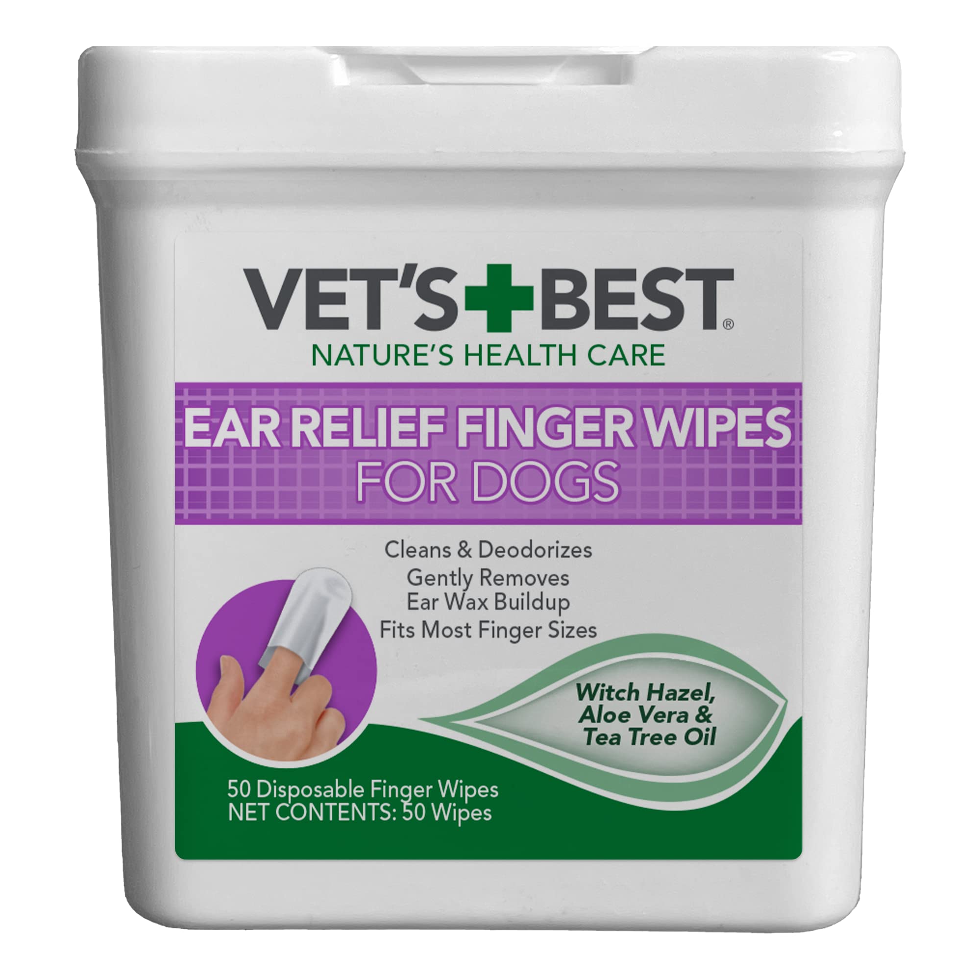 Vets Best Ear Relief Finger Wipes | Ear Cleansing Finger Wipes for Dogs | Sooths & Deodorizes | 50 Disposable Wipes