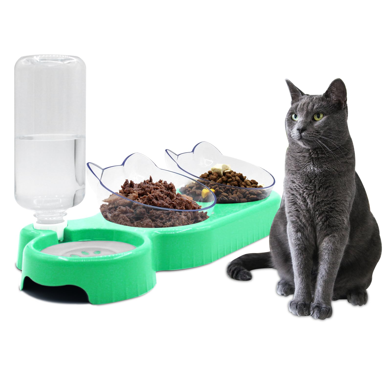 Triple Cat Bowls - 15 Tilt 3-In-1 Water Feeder Bowls With Automatic Water Bottle, Whisker Friendly Elevated Feeding Dishes For S
