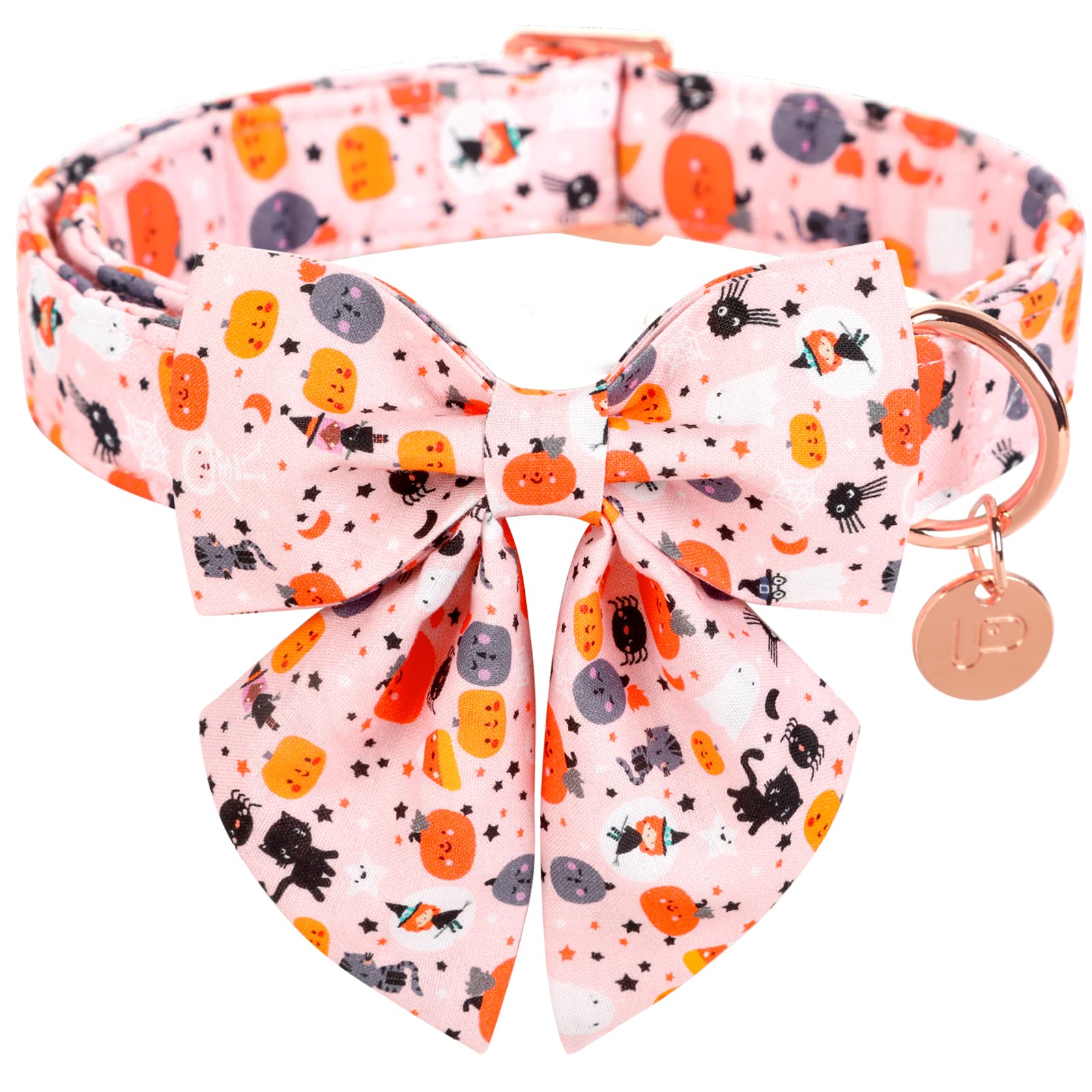 Up Urara Pup Halloween Dog Collar With Bow Tie, Pumpkin Cotton Bowtie Collar For Small Girl Dog, Female Halloween Bowtie Collar With Durable Metal Buckle, Adorable Pet Bow Collar, S, Neck 10-16In