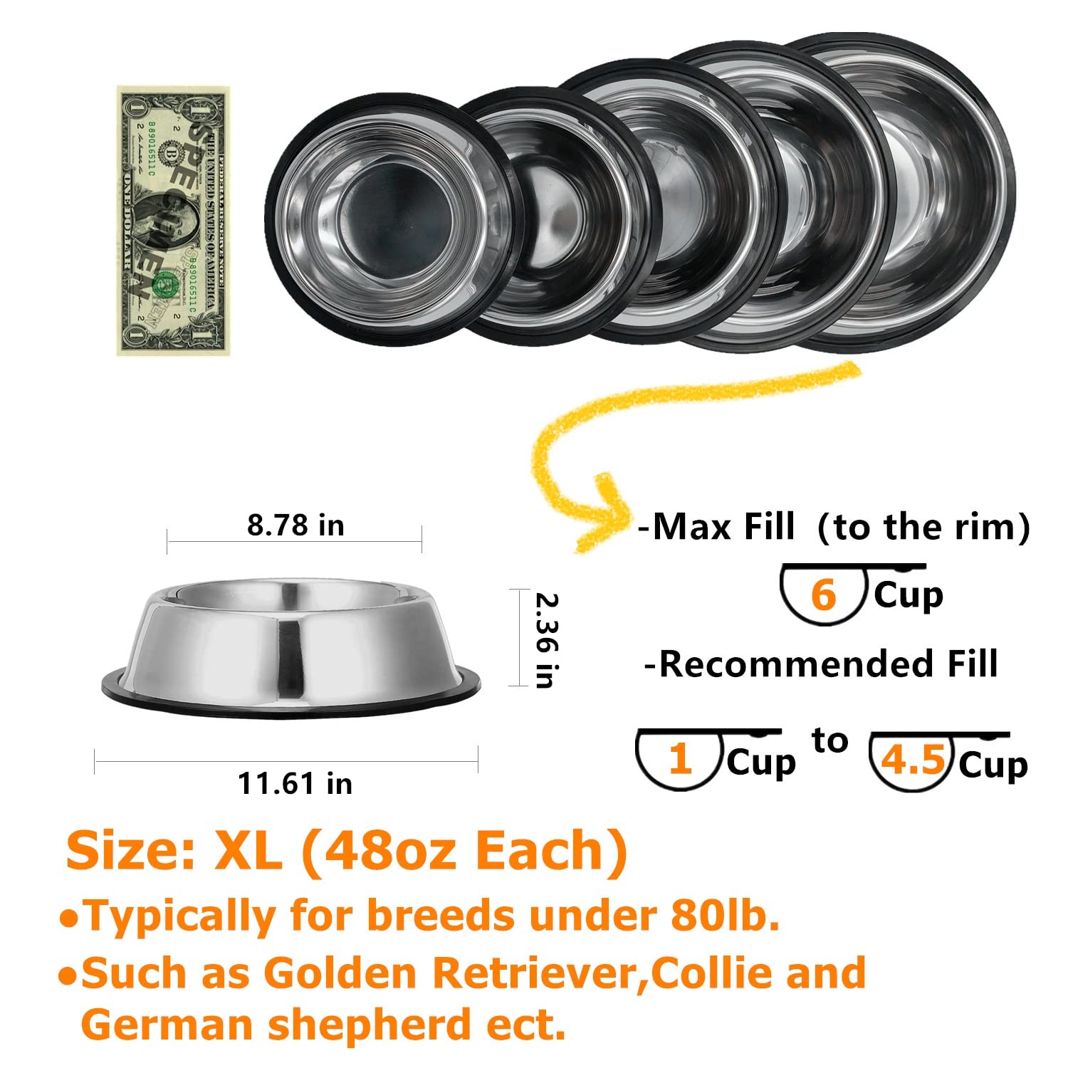 Mutsutaz 2 Pack Stainless Steel Dog Bowls with Rubber Bottom, Non Skid Non Spill Heavy Duty Premium Quality Pets Feeder Bowls fo