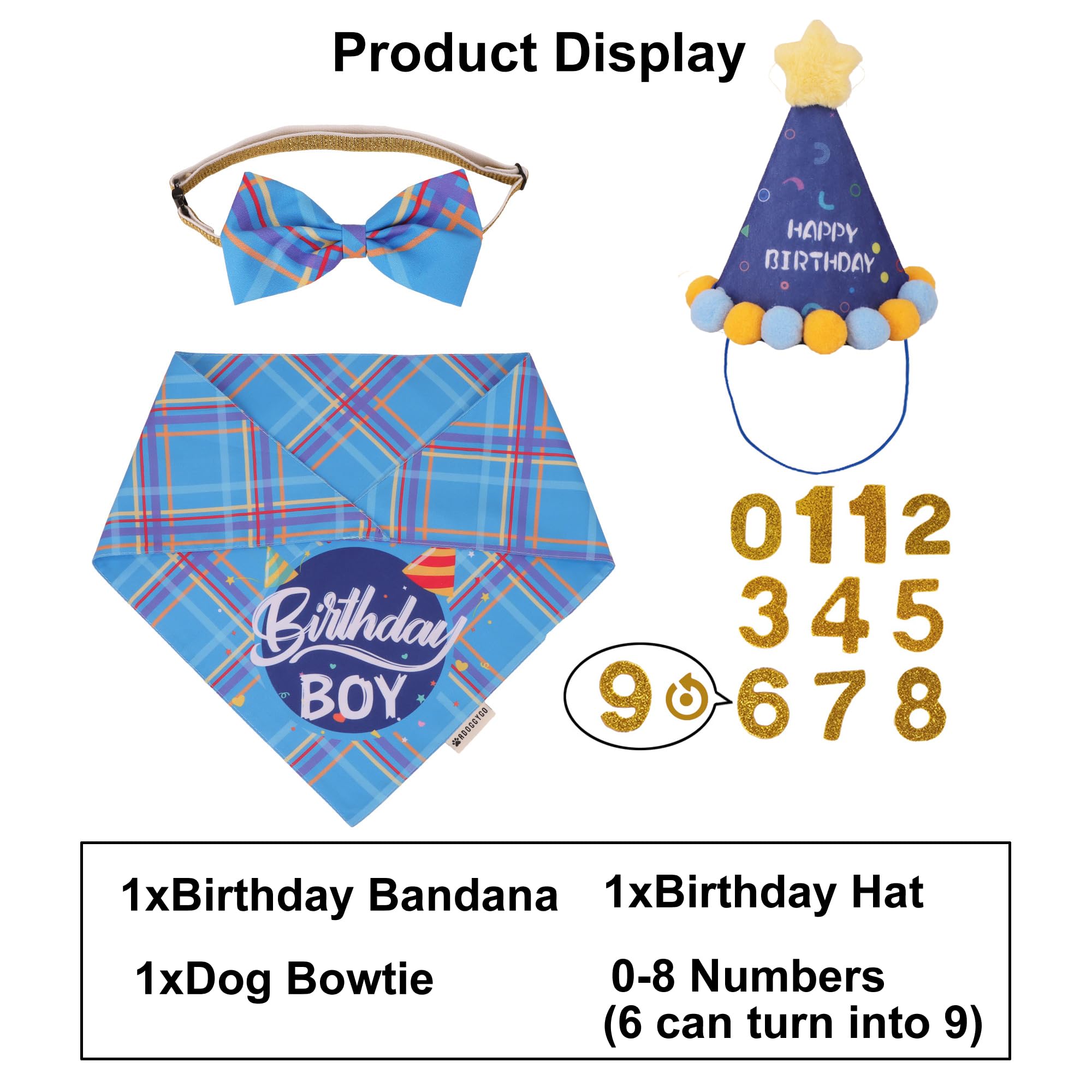 Adoggygo Dog Birthday Party Supplies, Blue Birthday Boy Bandana, Bowtie, Numbers, Party Hat For Extra Large Dogs (X-Large)