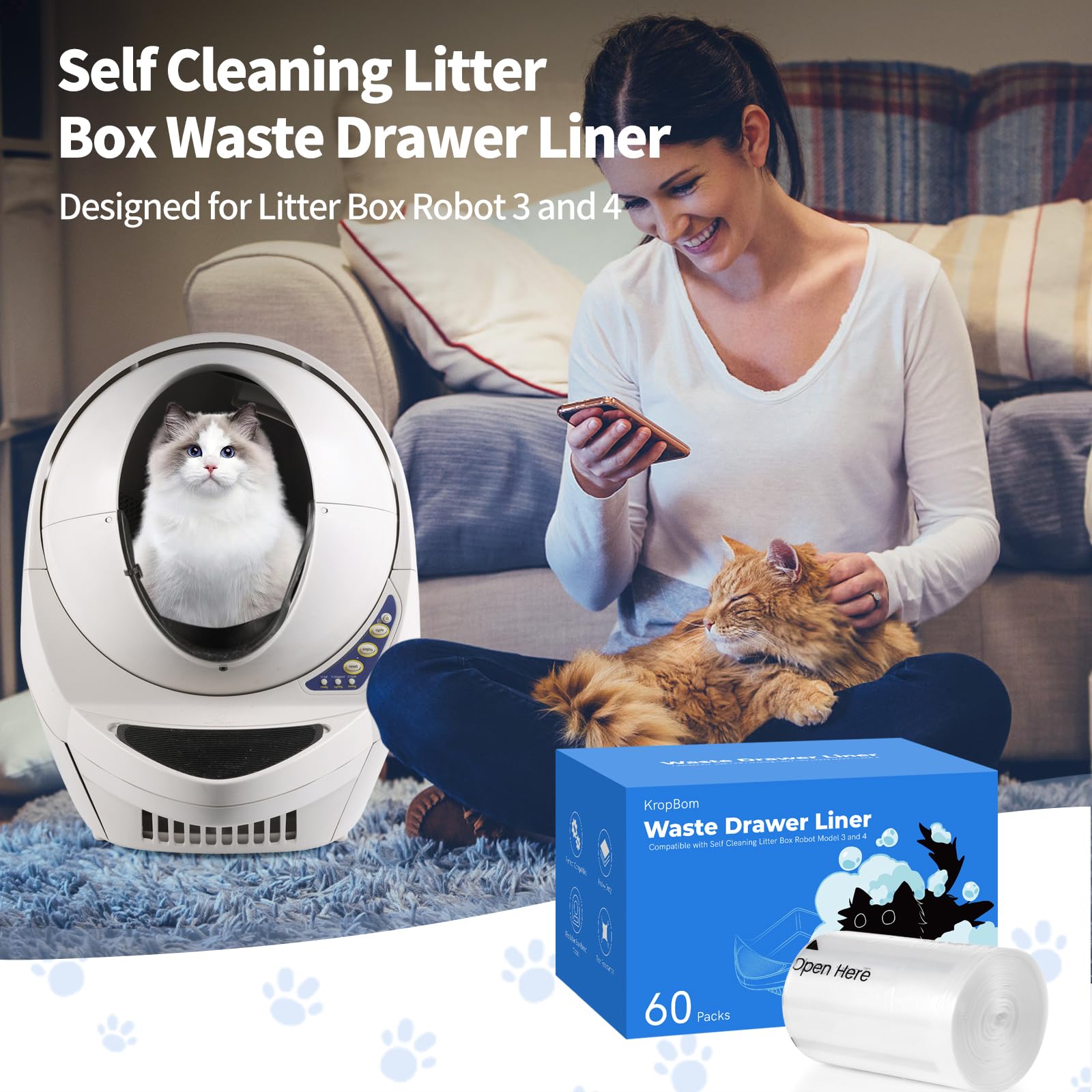 60 Pack Litter Box Robot 3 4 Waste Bags, Self Cleaning Cat Litter Box Robot Waste Liner Bags Replacement, Heavy Duty 9-11 Gallon