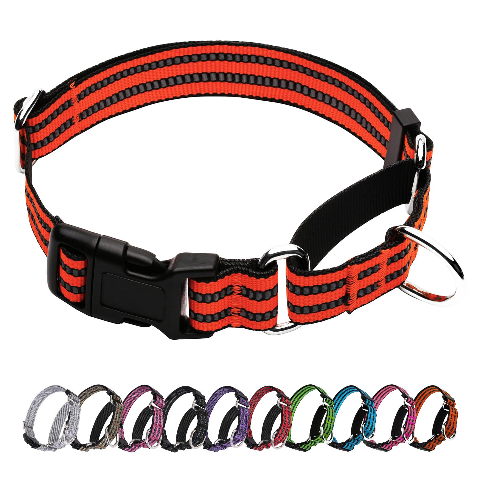Joyeeiioo Martingale Dog Collar, Adjustable Nylon Reflective Collar With Quick Release Buckle (Bright Orange, Large)