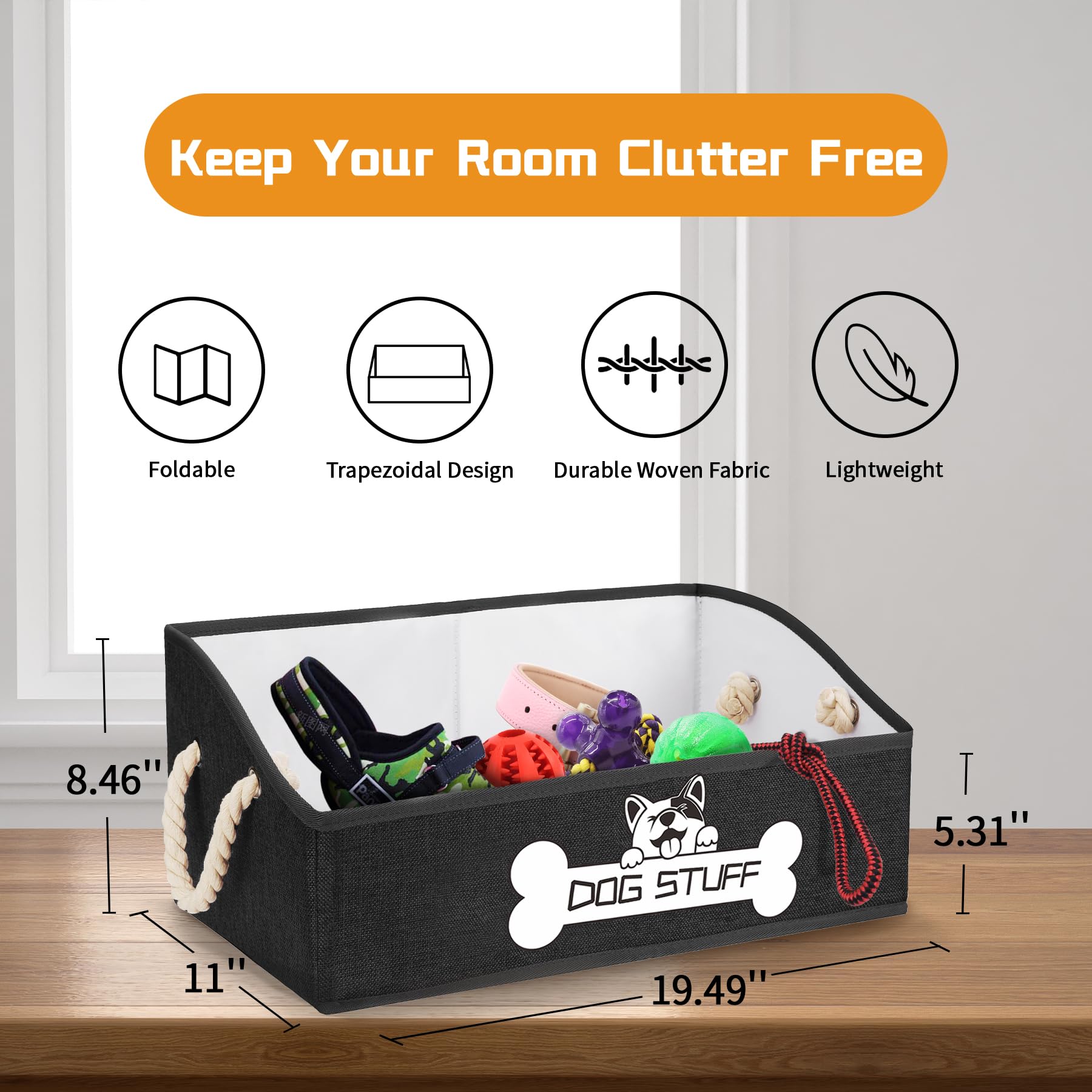 Thankspaw Dog Toy Box, Large Dog Toys Storage with Handle, Fabric Trapezoid Dog Toy Bin, Collapsible Basket Chest Organizer, Per