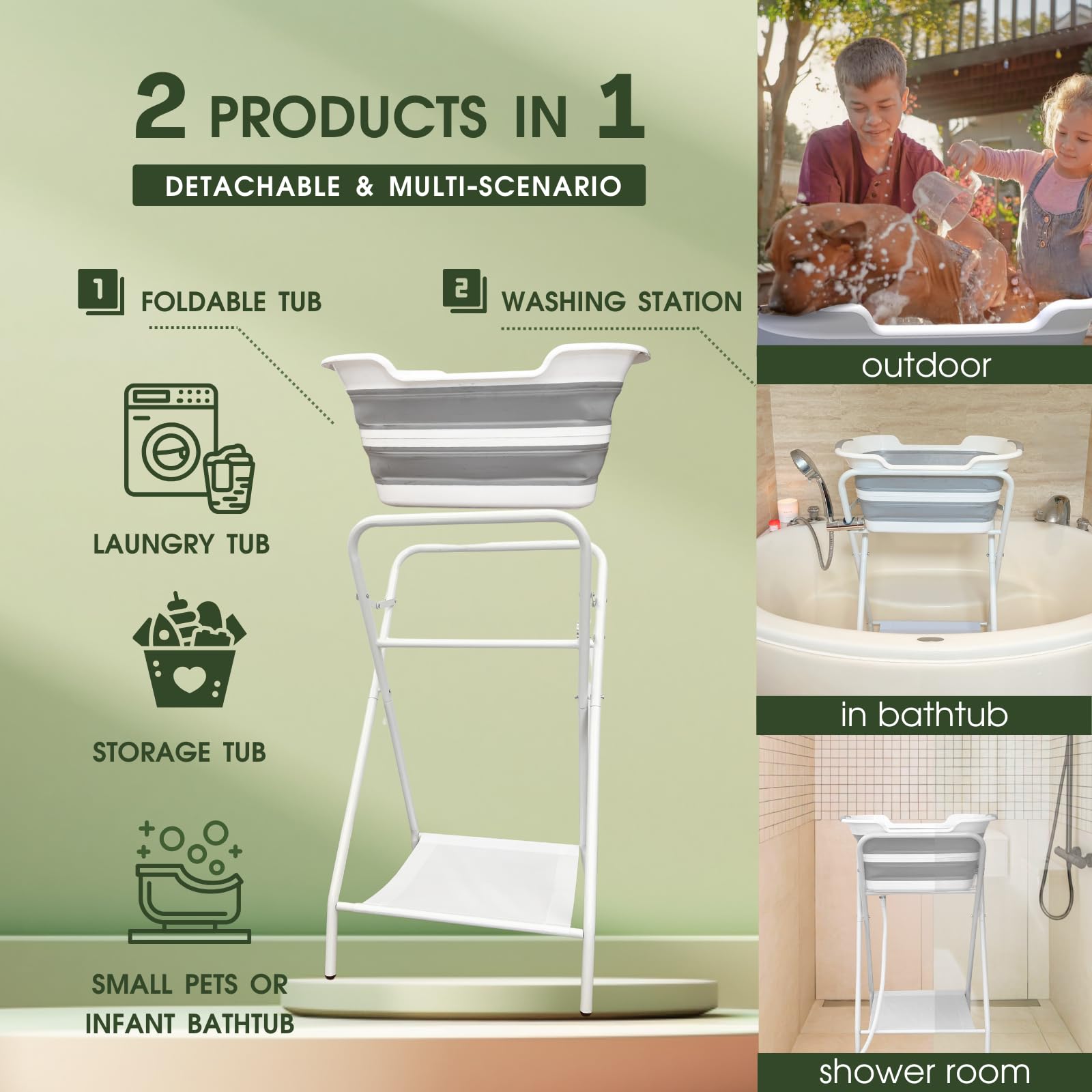 Cygne 2-In-1 Dog Bathtub & Washing Station, Elevated Collapsible Bathtub With Drainhole, Shower Head Holder & Storage Rack, Fold