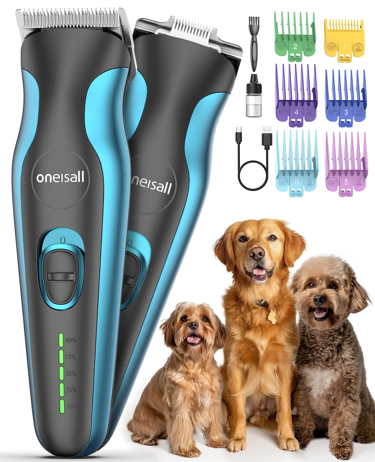 oneisall 2 in 1 Dog Clippers Grooming and Paw Trimmer, Cordless 50dB Quiet Rechargeable 2 Speed Dog Hair Clippers with Detachabl