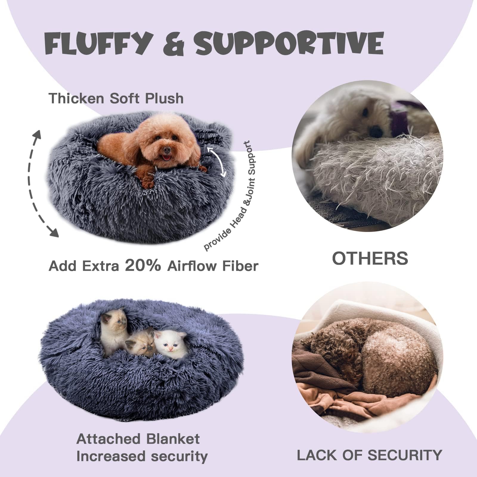 Himax Medium Dog Bed, Round Dogs Beds With Blanket Attached, Comfort Fluffy Calming Dog Bed Washable (20''/26''/35'') Deep Grey