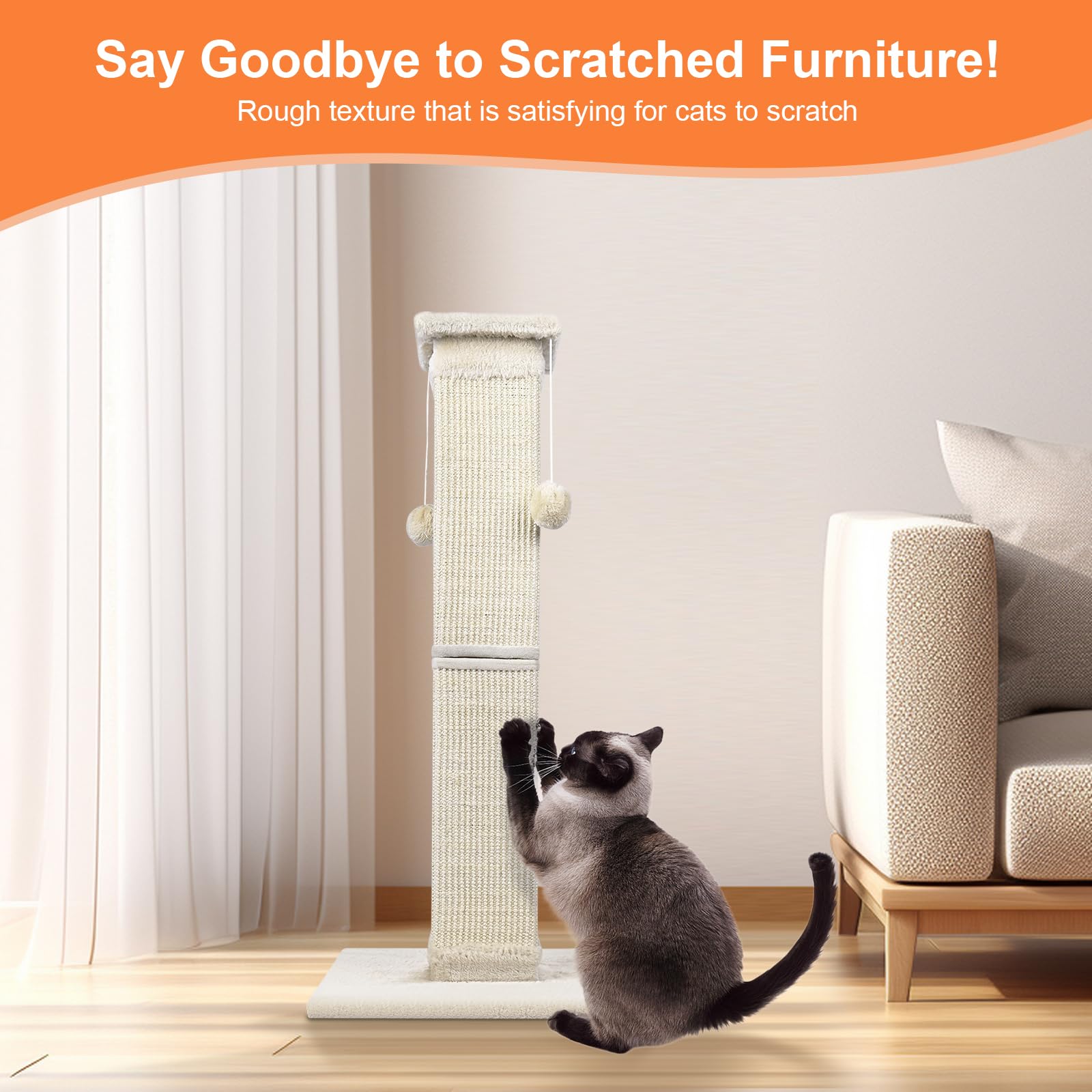 Socater Cat Scratching Post 33 Inch Nature Sisal Cat Scratch Post For Indoor Cats, Large Cat Scratcher Protect Your Furniture, F