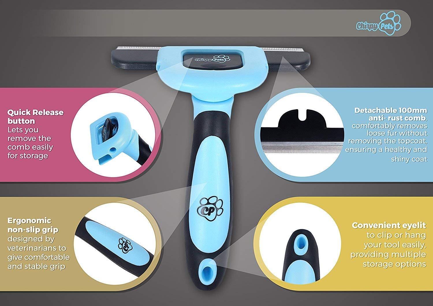 Chirpy Pets Pet Grooming Brush For Shedding, Long & Short Hair, Reduces Shedding By More Than 95%, Professional Deshedding Tool For Dog & Cat, Black