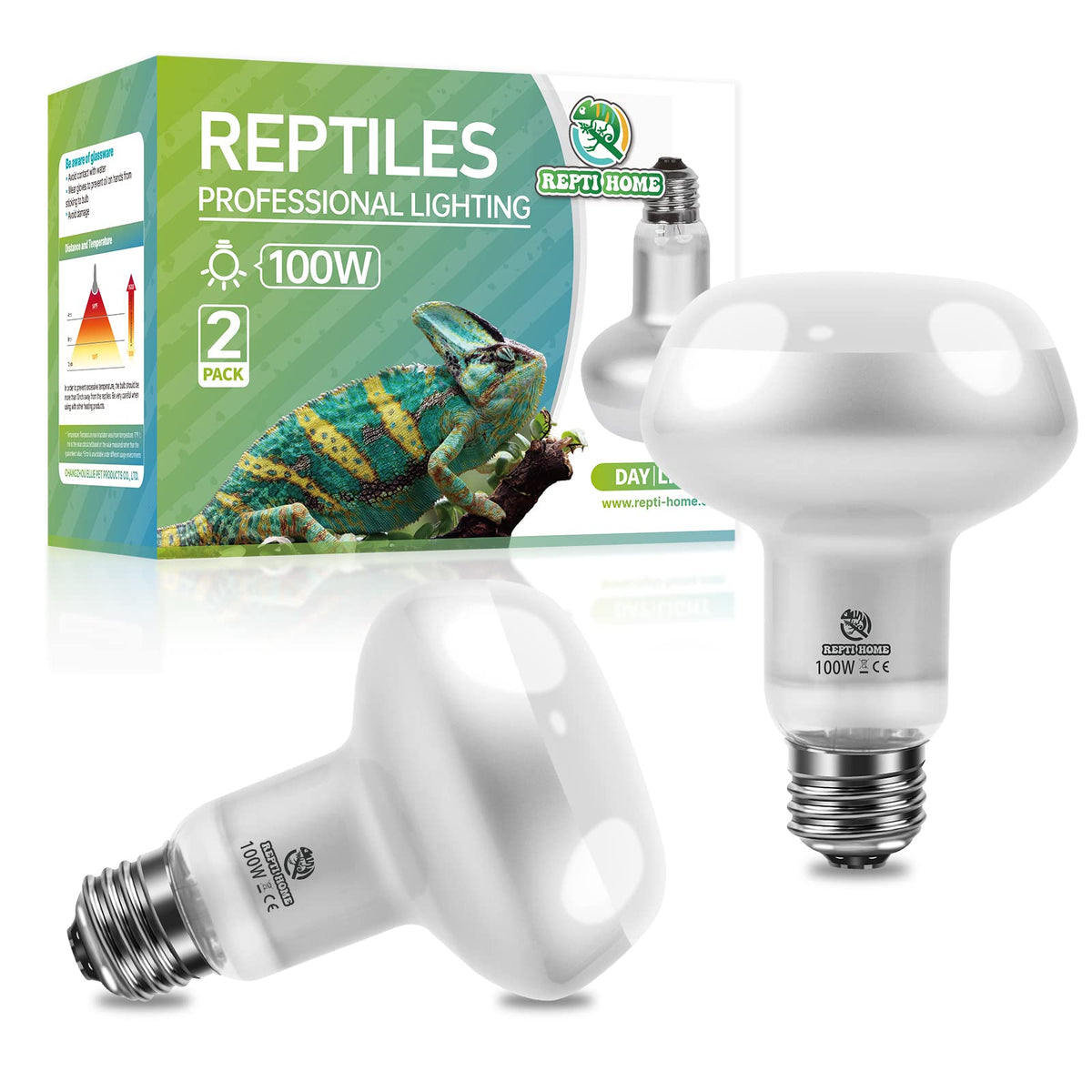 REPTI HOME Intense Reptile Heat Lamp Bulbs -2 Pack 100W, Intense Reptiles & Amphibians UVA Basking Spot Lamp Bulb,Simulate Natur