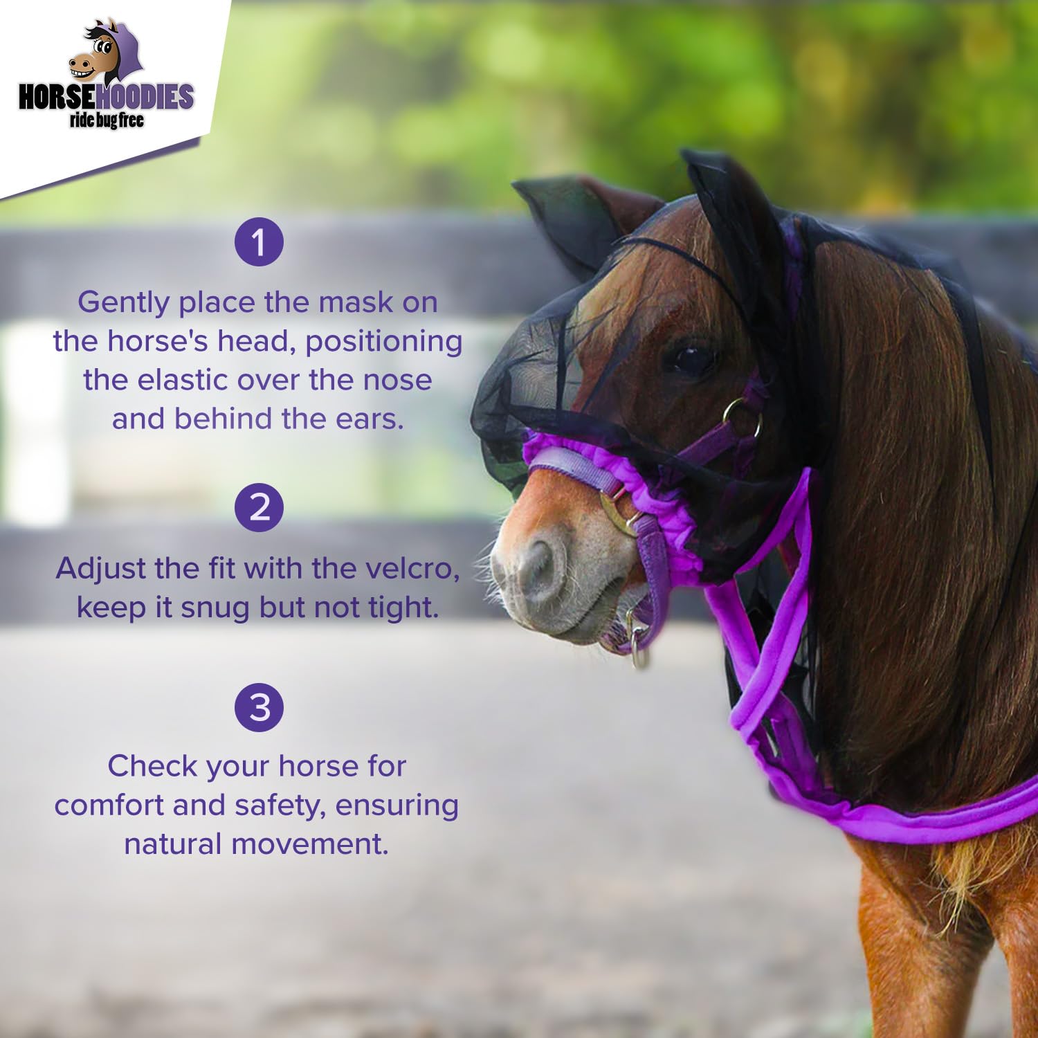 Full Horse Fly Mask with Ears - Purple Full Hoodie Warmblood Nose-to-Wither Fly Masks for Horses with Ears Horse Mask with Ear P