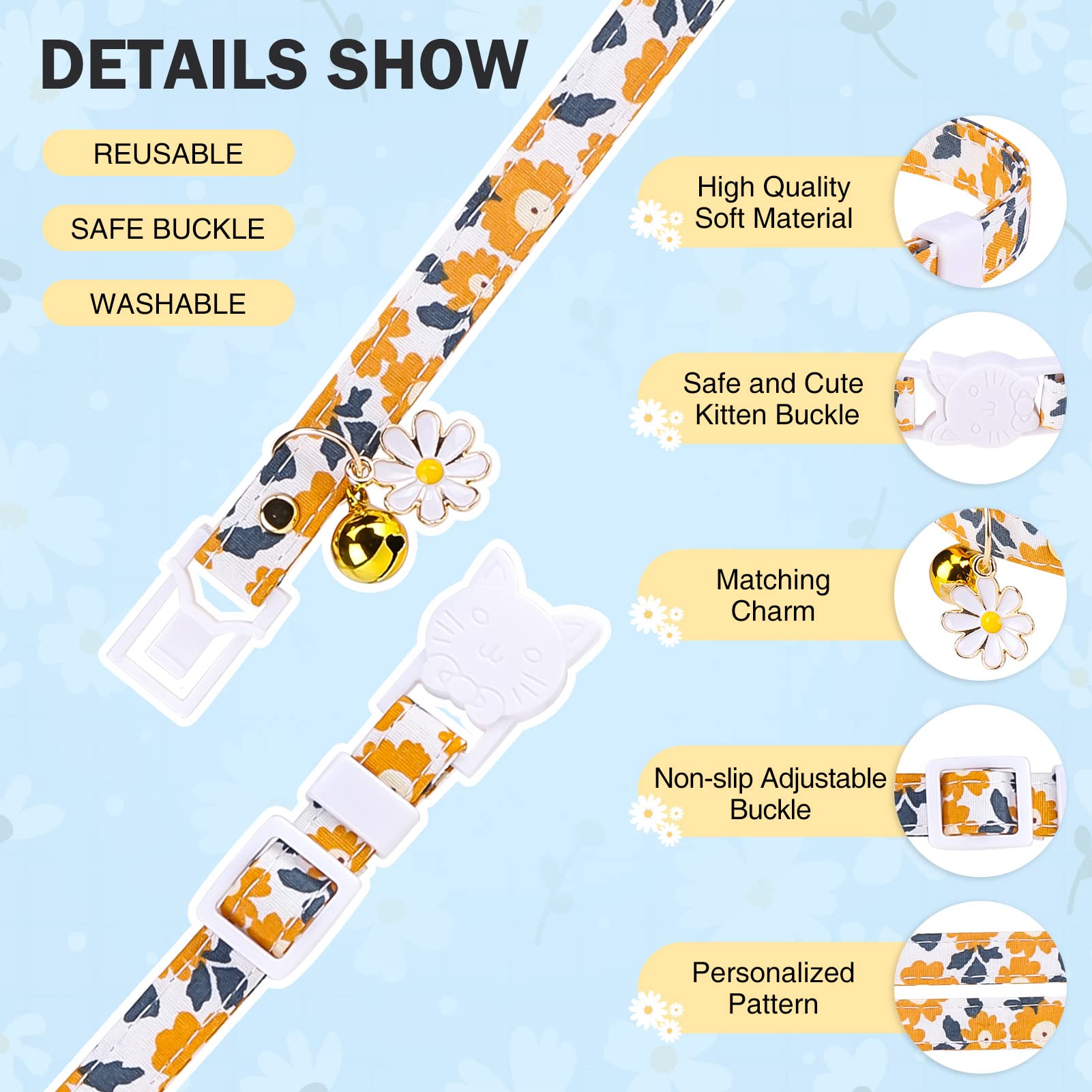Dillybud 3 Pack Breakaway Cat Collars With Bell- Flower Pendant Spring Cat Collar For Girl Boy Cats With Safety Buckle- Cute Kit