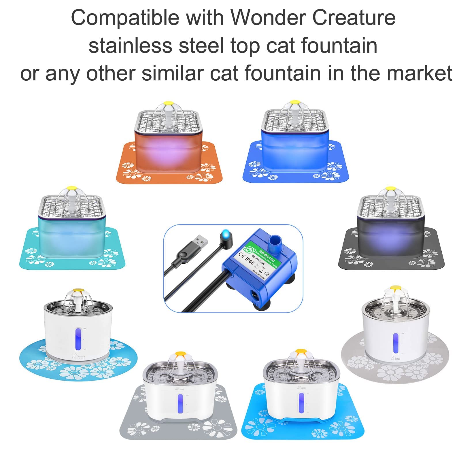 Wonder Creature Cat Water Fountain Pump - Replacement Pump for Round, Cubic & Crystal Fountains, Blue Color, Pet Accessory