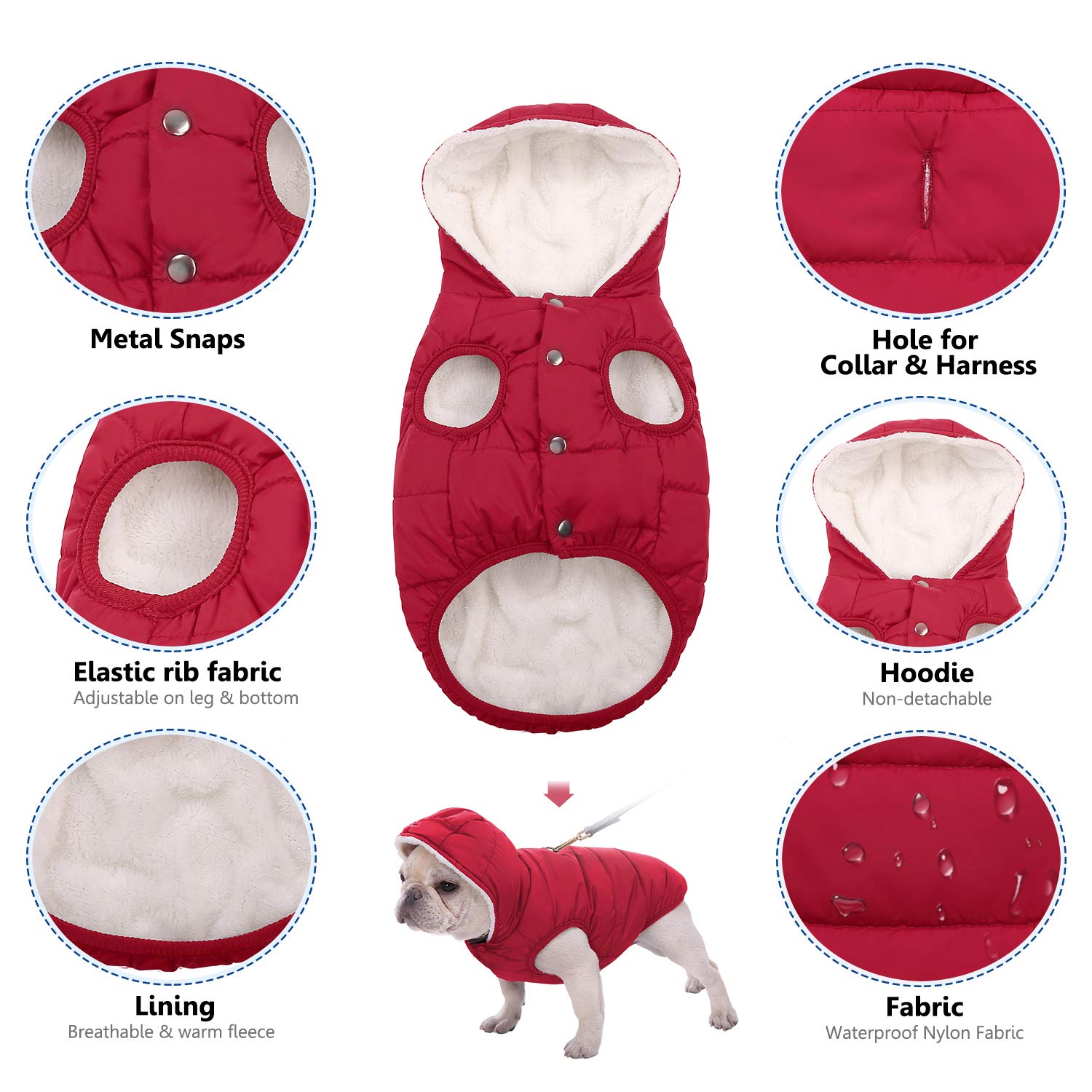 Dog Fleece Hoodie, Windproof Waterproof Dog Coat Fleece & Cotton Lined Warm Dog Jacket, Cold Weather Pet Apparel Clothes Vest For Small Medium Large Dog (Xs: Length 9.1', Chest 9.8'-11.8', Red)