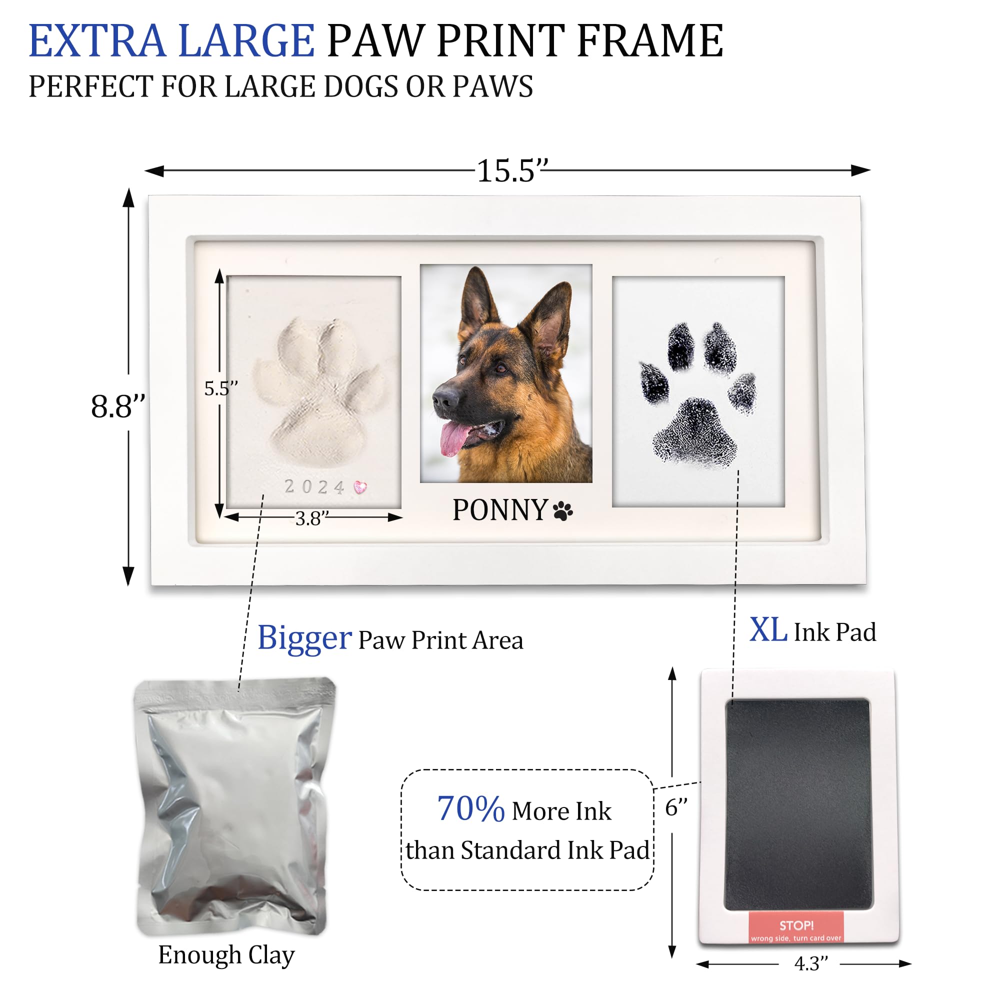 Mypawlets Extra Large Paw Print Frame Kit,Dog/Cat Paw Print Kit,Soft Pawprint Clay&Clean Touch Ink Pad,Pet Paw Print Impression