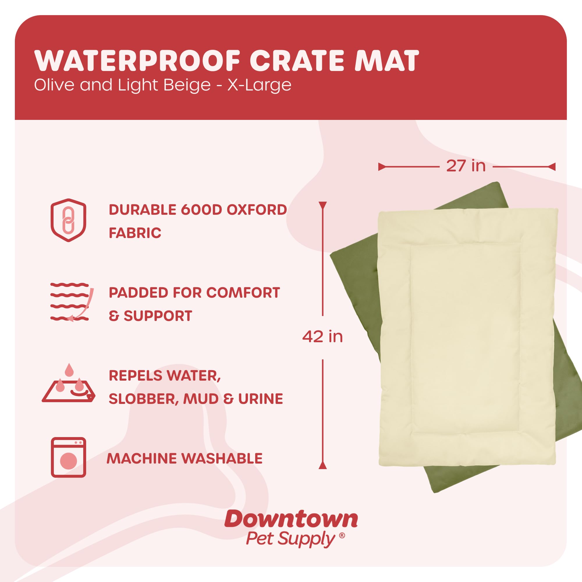 Downtown Pet Supply Dog Crate Pad, X-Large, 42 X 27, Olive And Light Beige, Waterproof, Ripstop Nylon Fabric, Chew Proof, Machin
