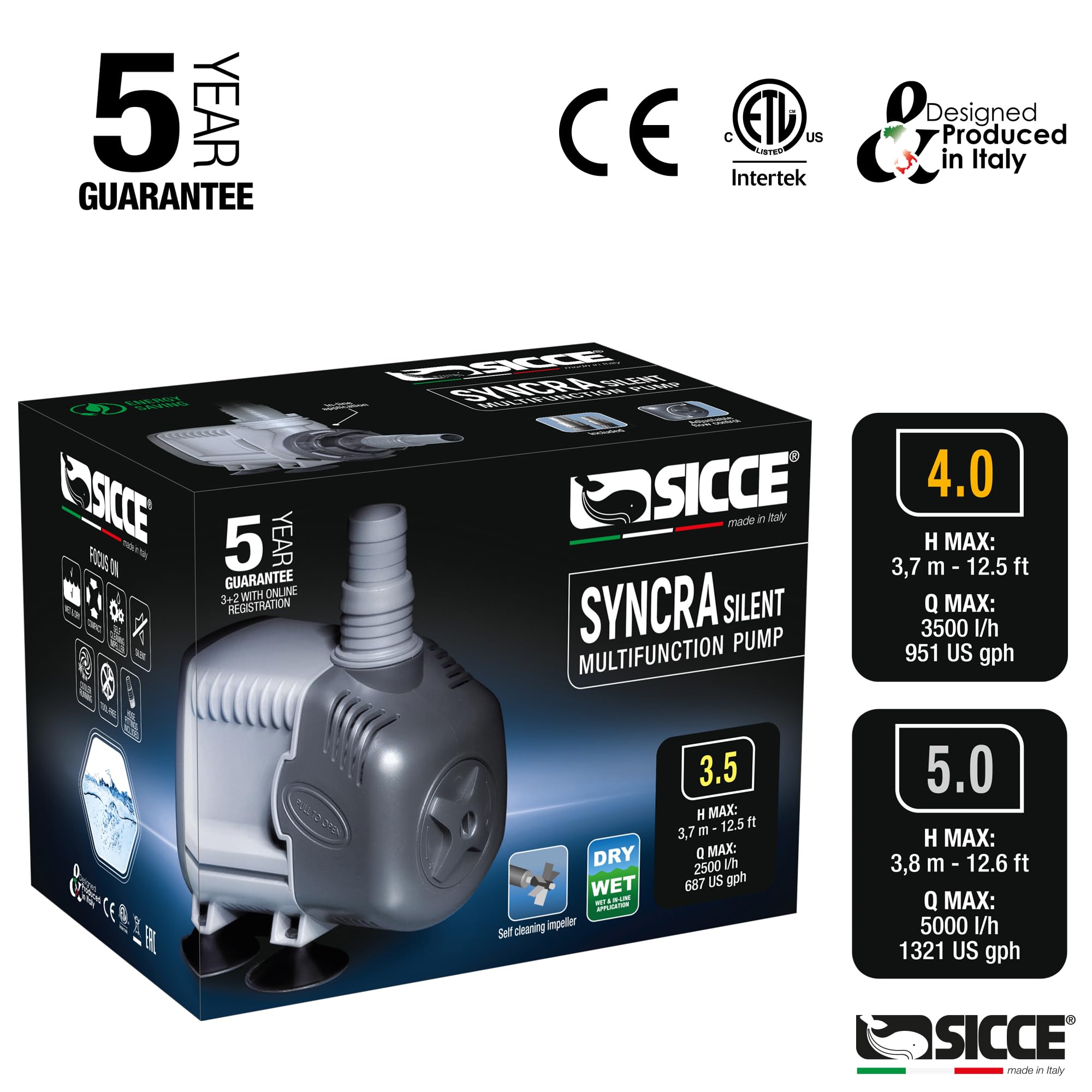 SICCE Syncra Silent 5.0 Multifunction 1321 GPH Submersible Water Pump | Italian Made 105W Ultra Quiet Durable Aquarium Fish Tank