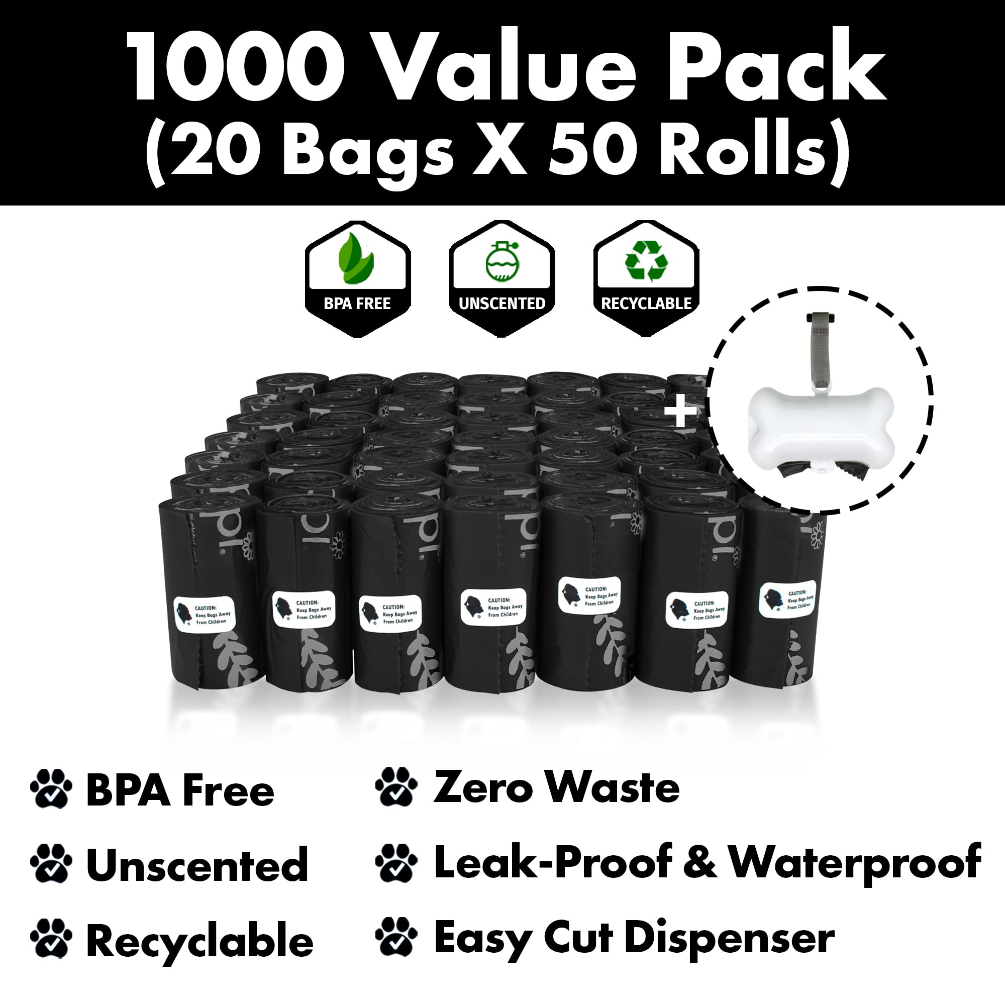 Gorilla Supply Dog Poop Waste Bags With Dispenser And Leash Tie, 9' X 13', Black, 1000 Count