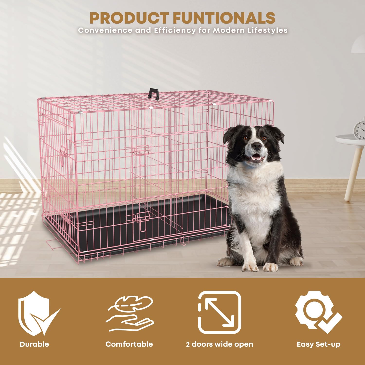 48 Inch Dog Crate Dog Kennel Folding Metal Pet Cage Pet Crate For Large Door Leak-Proof With Double-Door,Divider Panel, Removabl