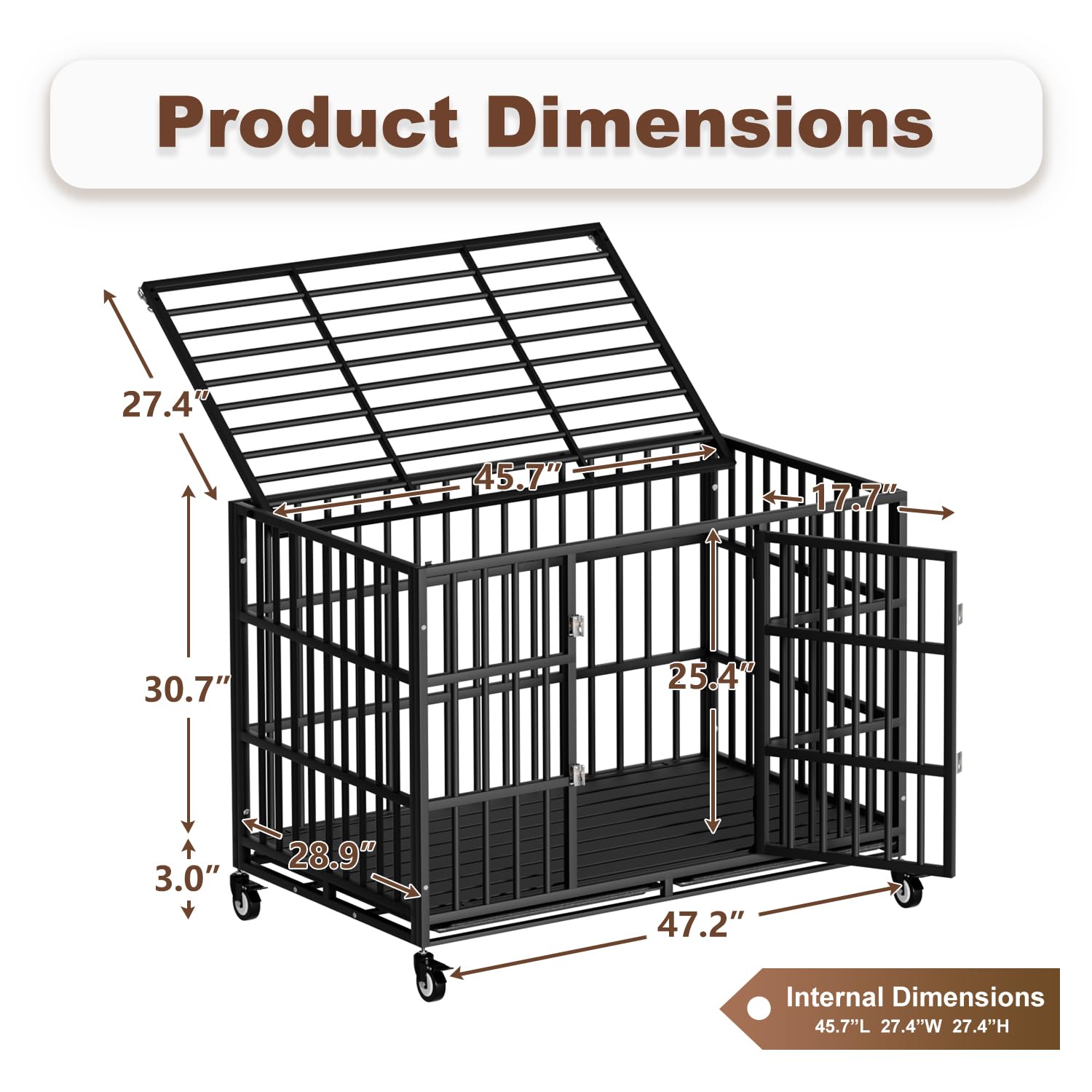 Snuowu Heavy Duty Dog Crate 48 Inch, Escape-Proof Design, Black, Model CGGL48BK, with Wheels and Removable Tray