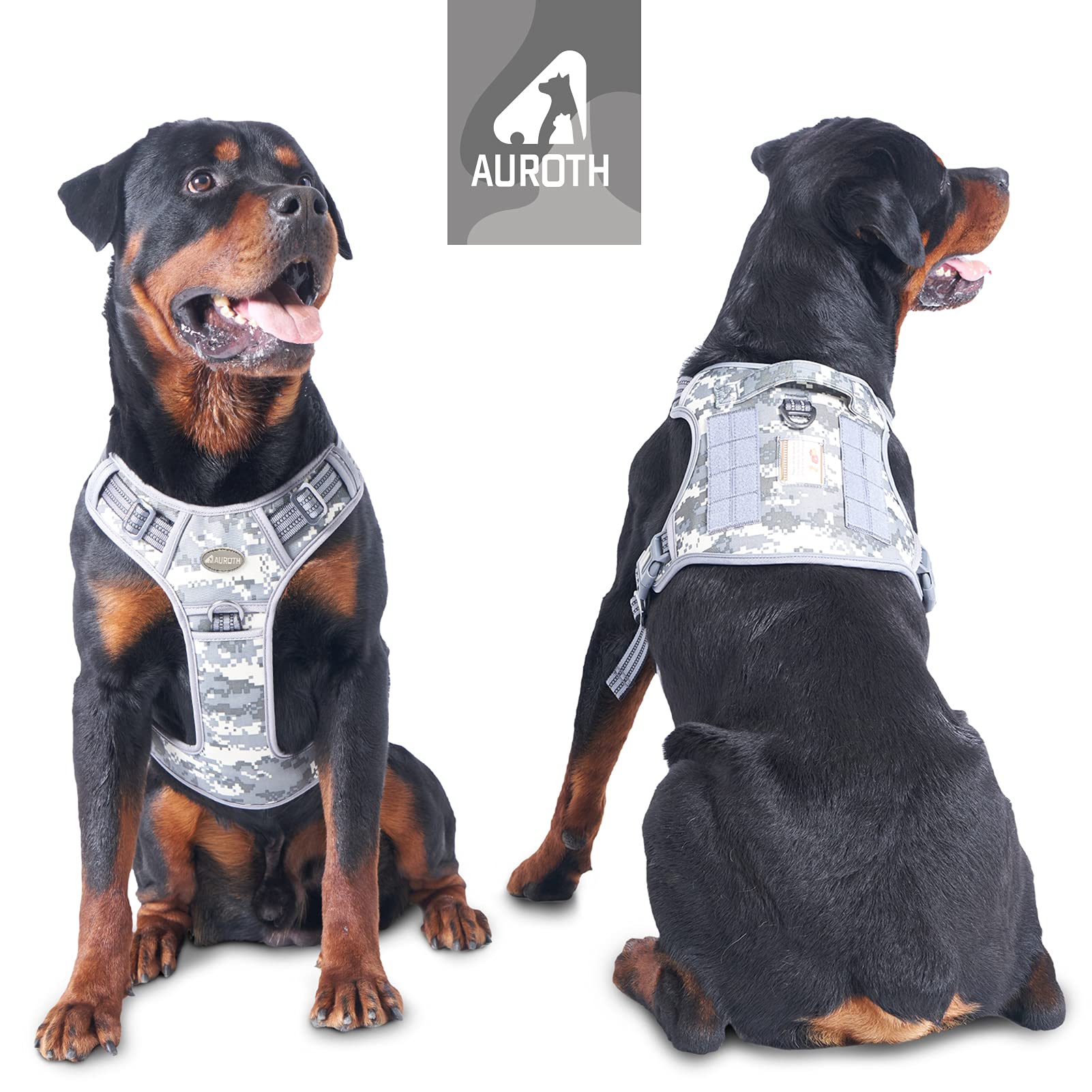 Auroth Tactical Dog Training Harness No Pulling Front Clip Leash Adhesion Reflective K9 Pet Working Vest Easy Control For Small Medium Large Dogs Grey Camo L