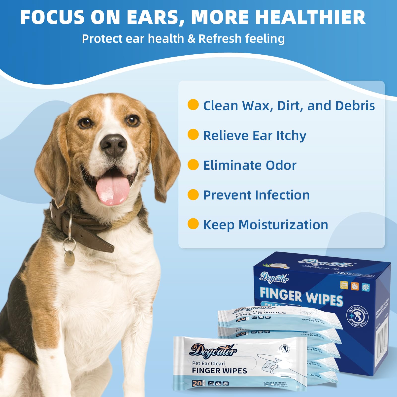 Dogcator Dog Finger Wipes, 120 Count Ear Cleaner For Dogs Cats Bathing Wipes, Pet Dental Clean Finger Wipes, Natural Puppy Eye W