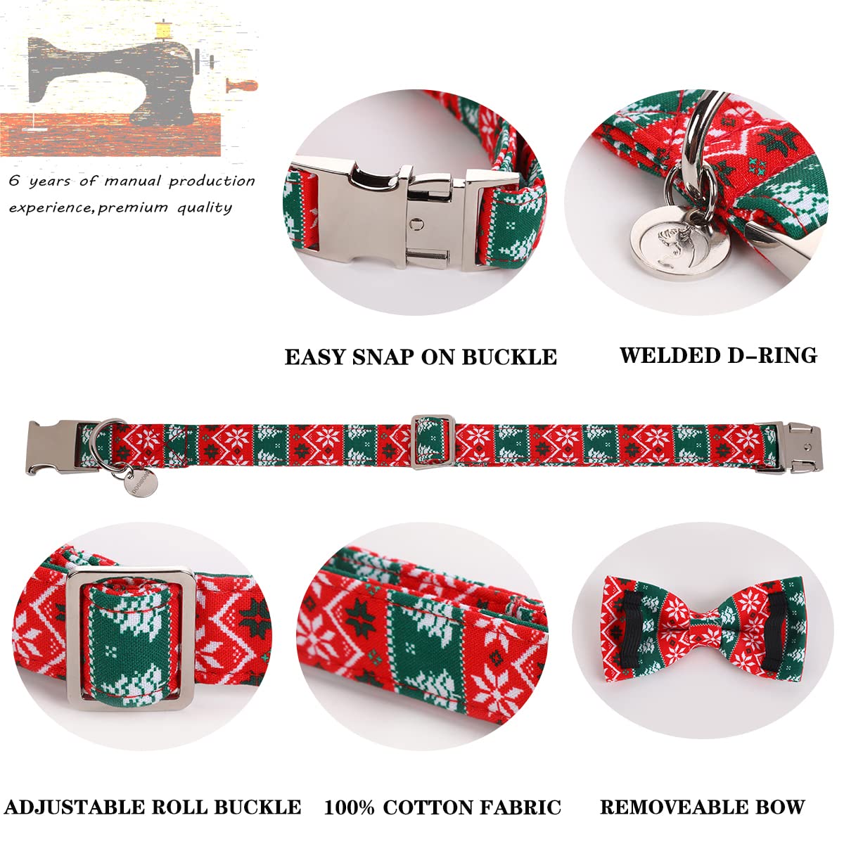 Dogwong Christmas Dog Collar With Bow Tie, Red Green Strip Snowflake Dog Collar Soft Durable Adjustable Cotton Puppy Collar For