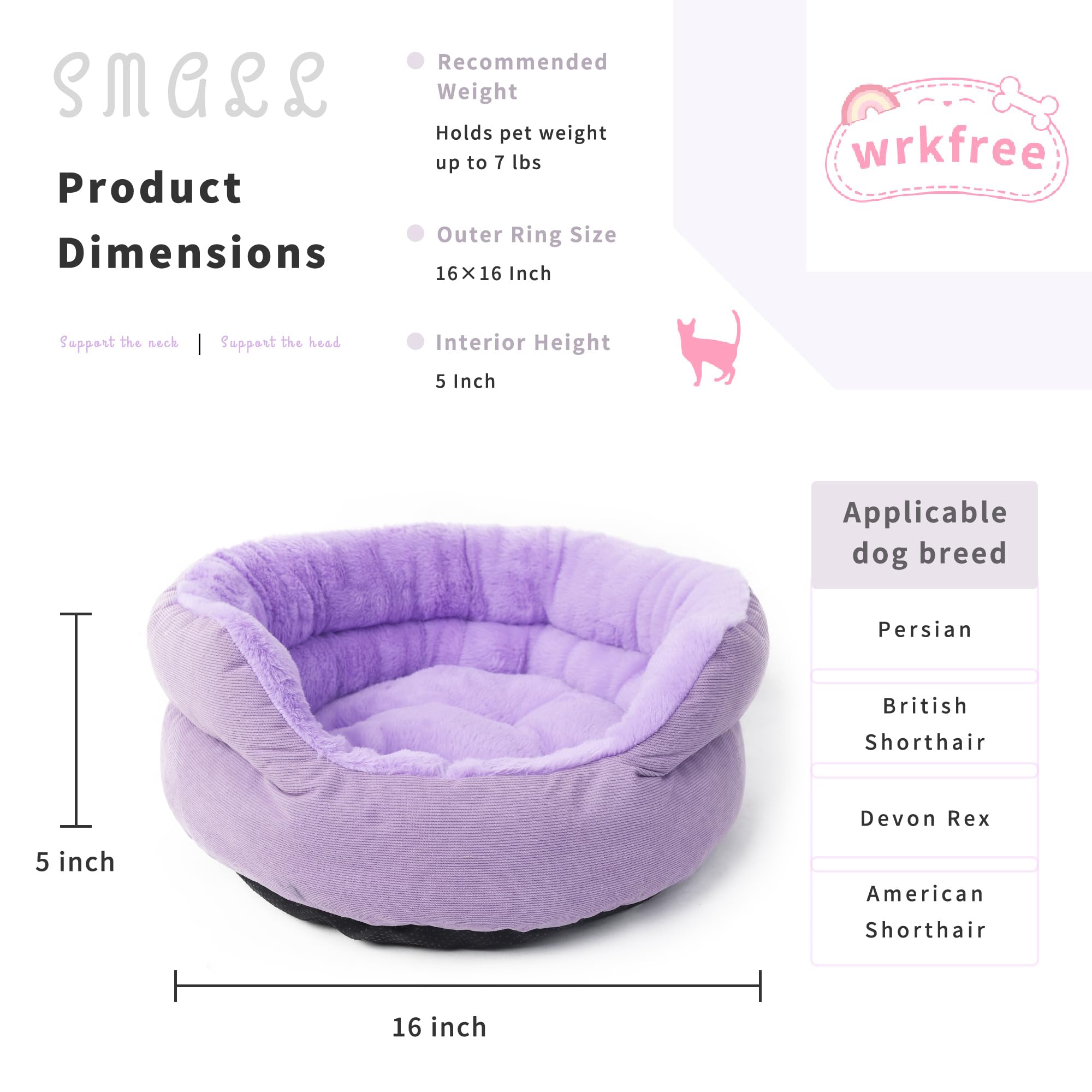 Ligh Purple Dog Bed Xs Washable Round Cat Beds For Indoor Cats, Washable Pet Bed For Puppy And Kitten With Slip-Resistant Bottom
