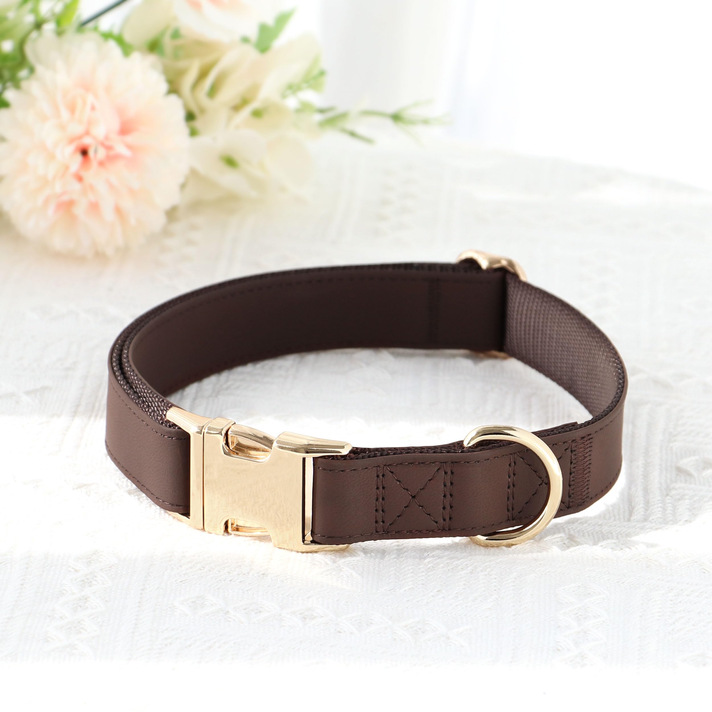 Pet Artist Charming Nylon Dog Collar With Leather Soft Comfy Elegant Nylon Collars For Dogs Small Medium Large 4 Bright Solid Color For Choosing Blue Red Brown Grey (Brown,Neck Fit 13-19'')