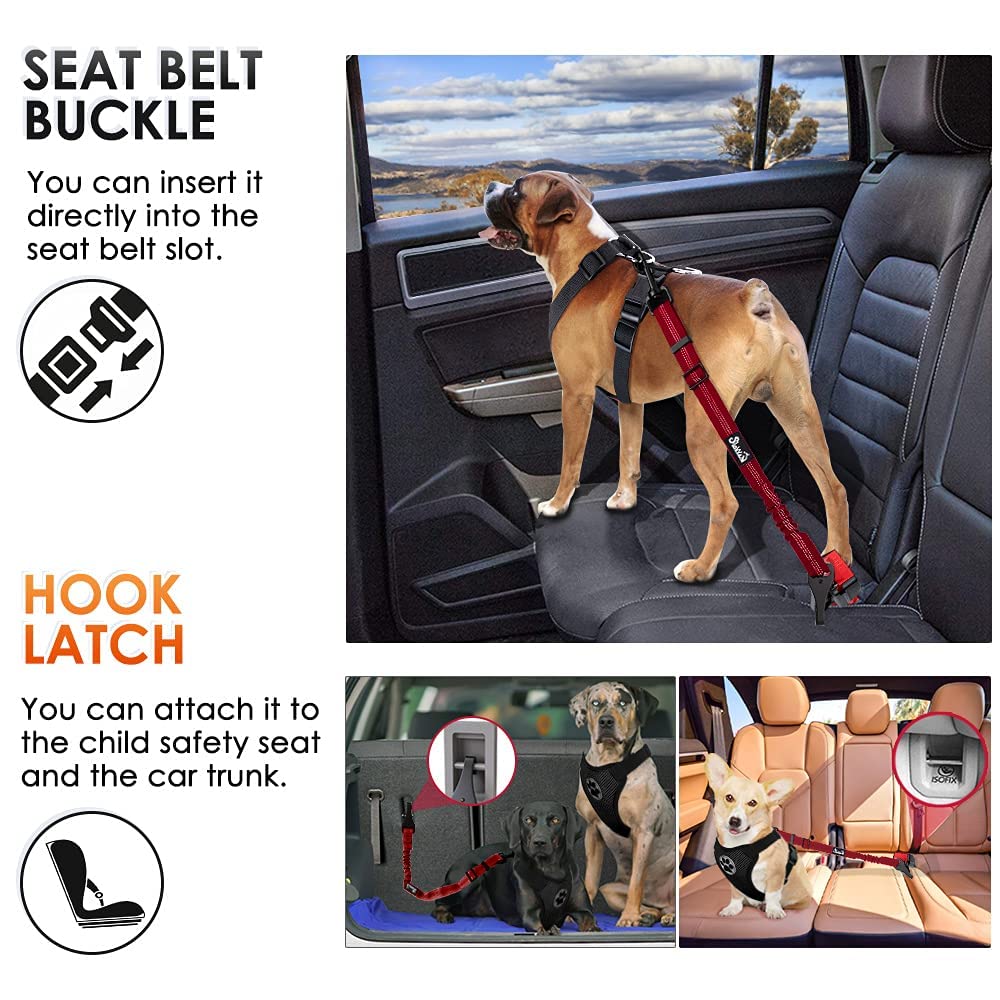 SlowTon Dog Seat Belt, Adjustable 27.55" Nylon Leash, Reflective Red, Model STP38N, Elastic Bungee Buffer for Safety