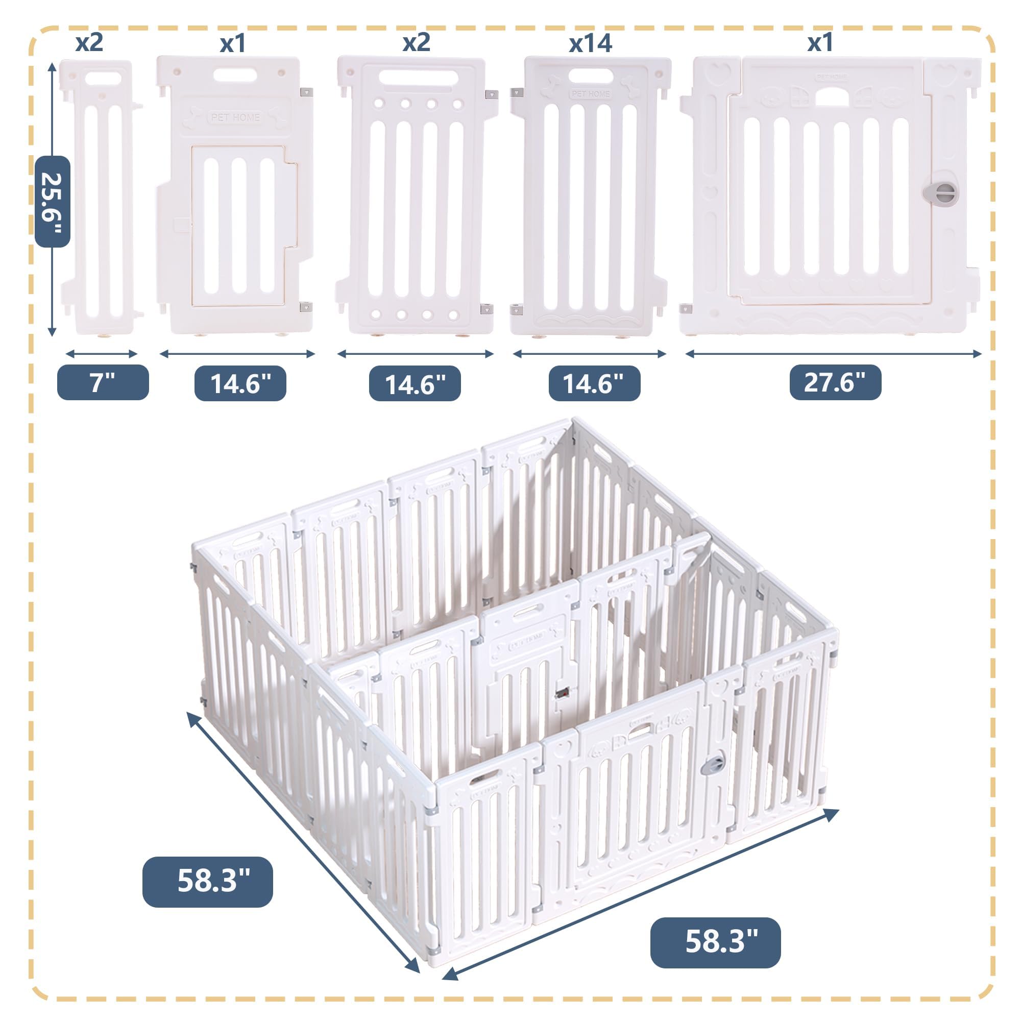 Aoole 2 Room Dog Playpen with Door, 16-Panel, 25.5" H, White, Easy to Assemble, Non-Slip Pet Gate