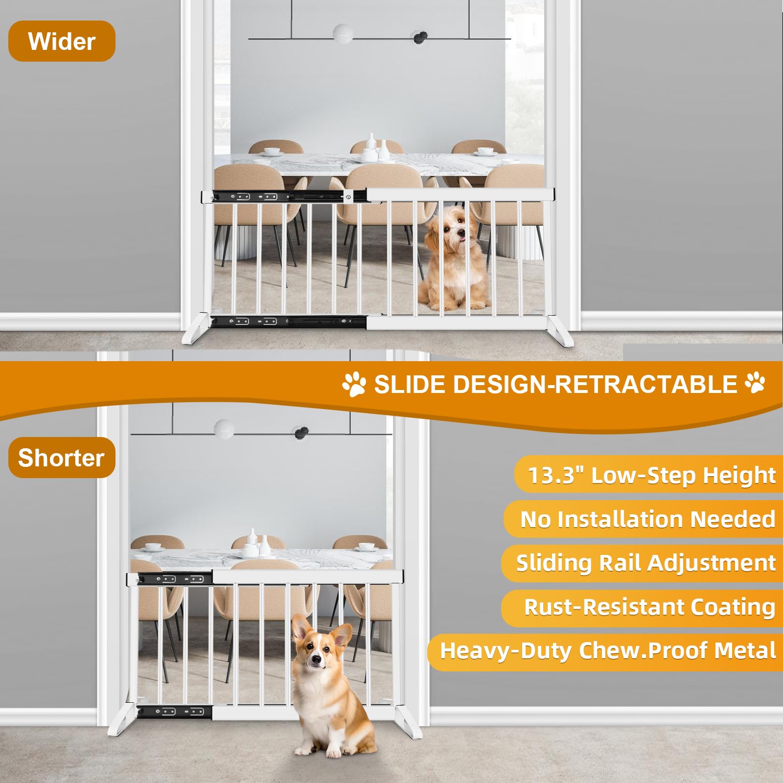 White Metal Dog Gate for Small Dogs - 13.3 Short Freestanding Puppy Gate with Retractable Sliding Rail, No Installation, Indoor/