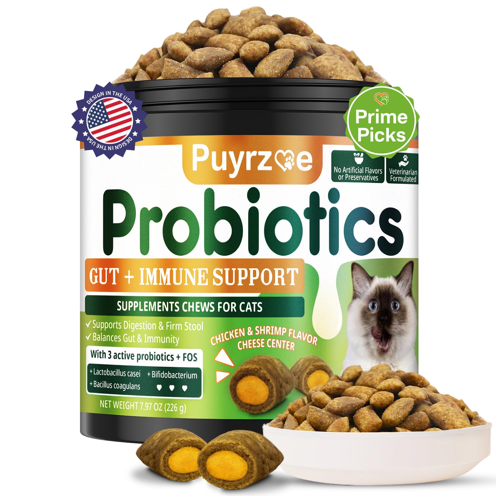 Puyrzoe Cat Probiotics & FOS Chews - Digestive + Gut Support, 500 Crunchy & Creamy Chews, Constipation Relief + Nutrient Absorpt