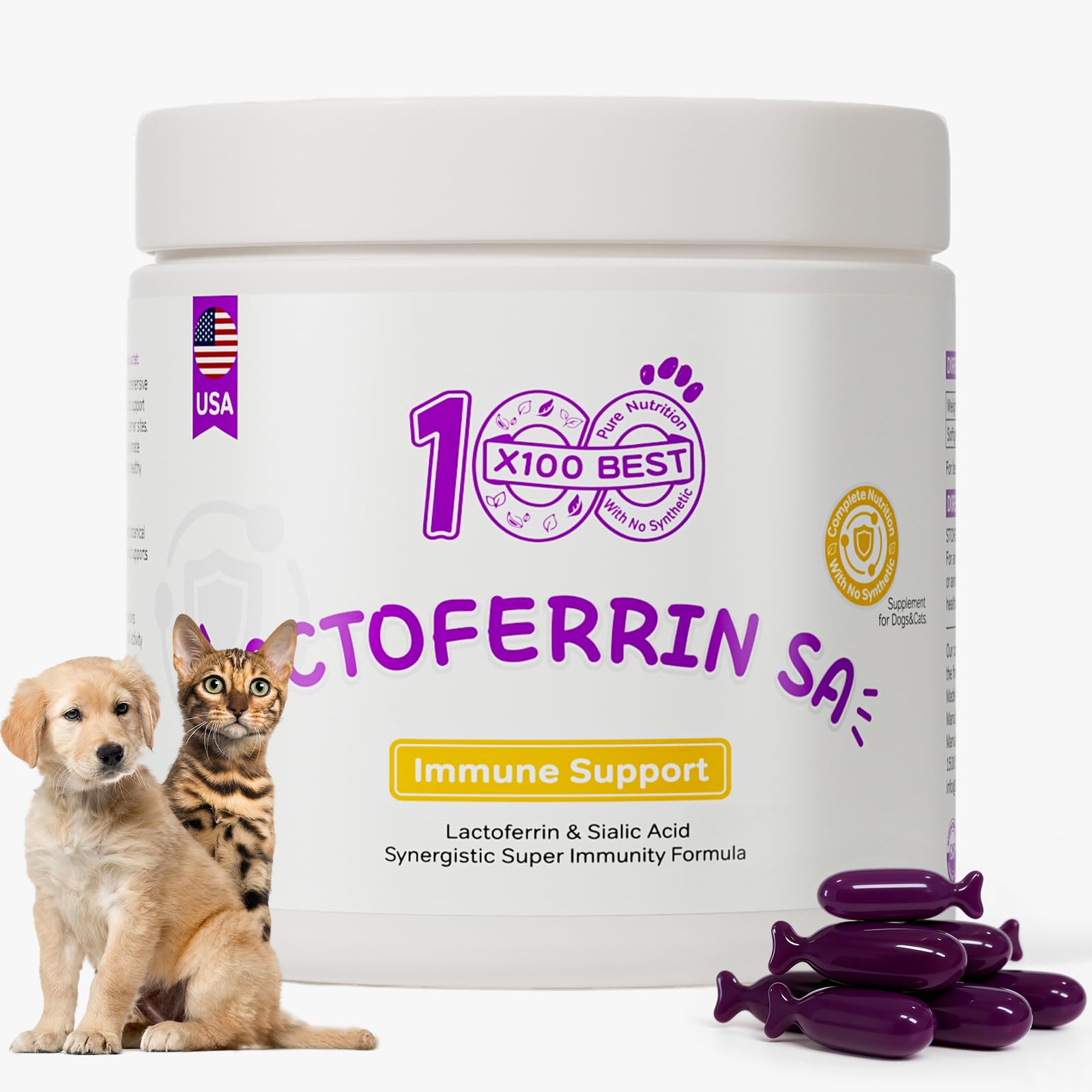 X100BEST Lactoferrin & Sialic Acid for Dogs & Cats - with Astragalus Polysaccharides & BB536 Probiotics, Immune & Digestive Supp