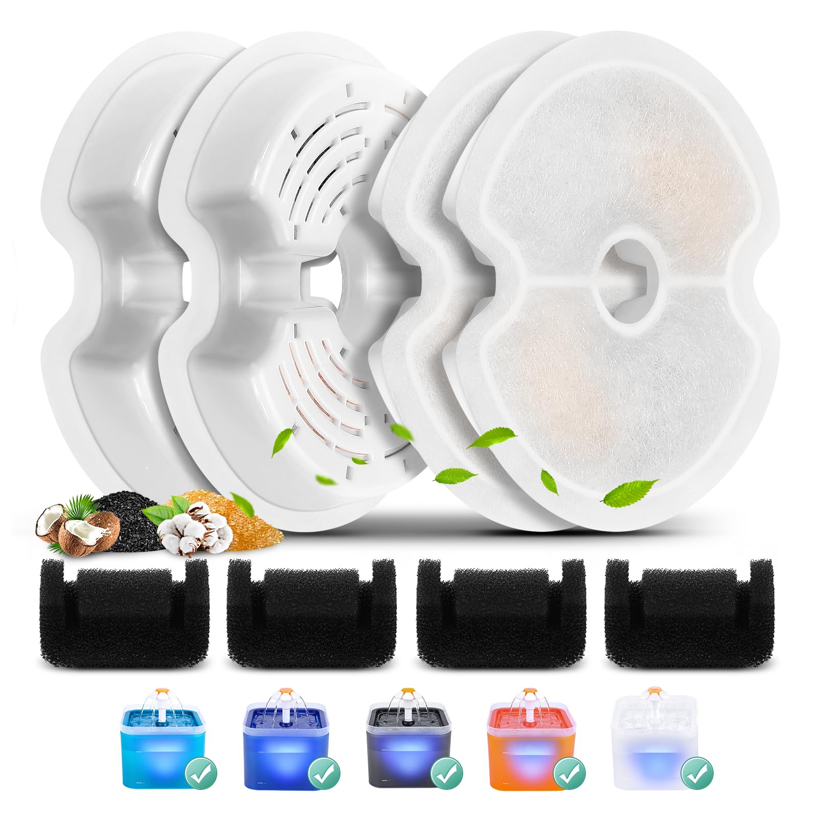 BFLICROY 12 Pack Replacement Filters & 12 Pack Pump Filters for 67oz/2L Colorful Cat Water Fountain With LED Light, Quadruple Fi