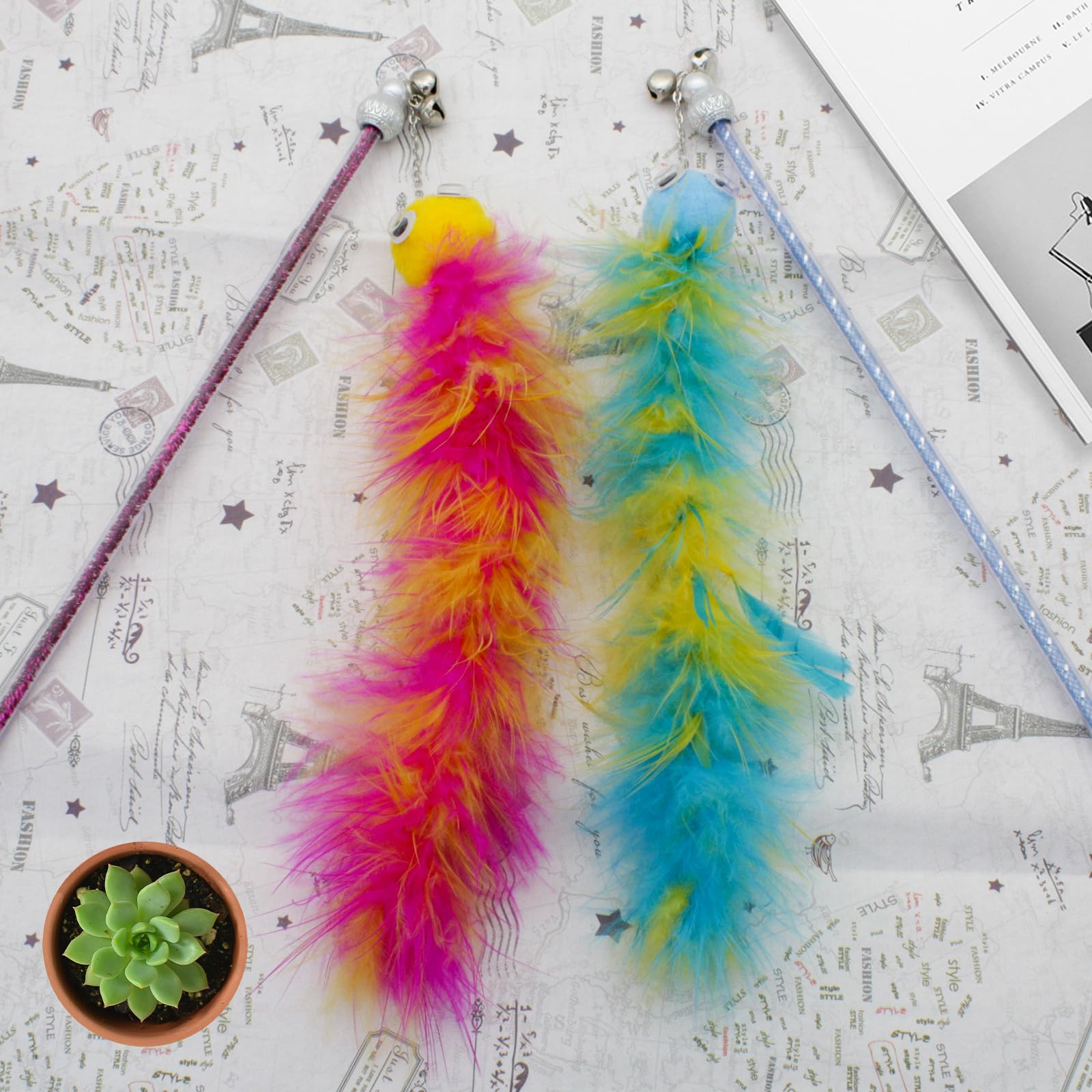 Andiker Cat Feather Toys, 2Pcs Cat Wand Toys With Bell&Plush Balls, 12In Colourful Interactive Kitten Teaser Toy, Funny Interact