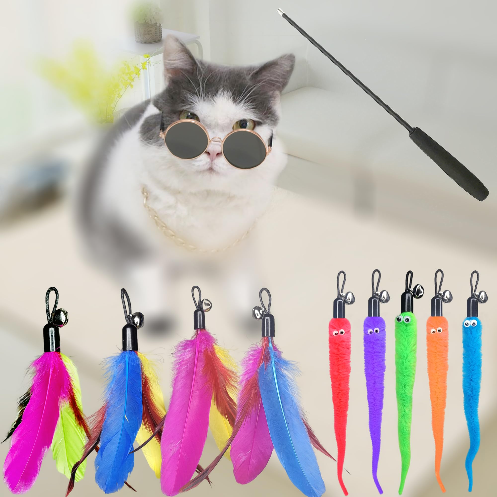 Zph Cat Toys Interactive For Indoor Cats,2Pcs Retractable Cat Wand Toys,9Pcs Teaser Toys&1Pcs Cat Eyeglasses Cat Toy,Interactive Feather Toy For Teaser Play And Chase Exercise With Kitten